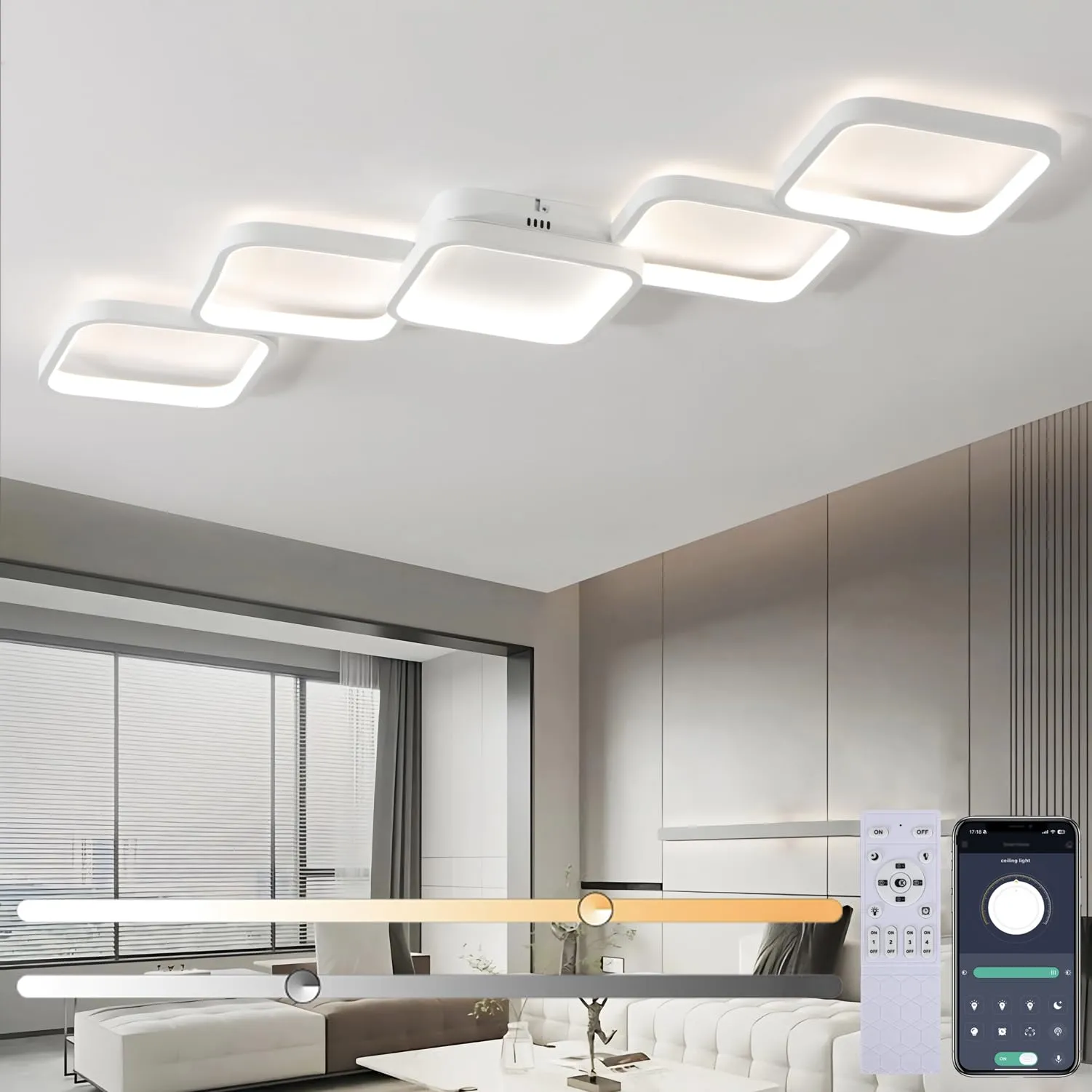 Plafoniera LED Soffitto Dimmerabile con Telecomando Lampada Plafoniere Bianca 45W, Lampada da Soffitto per camera da letto Lampada Rettangolare 92cm, Design Moderno, Sala da Pranzo, Corridoio, Cucina