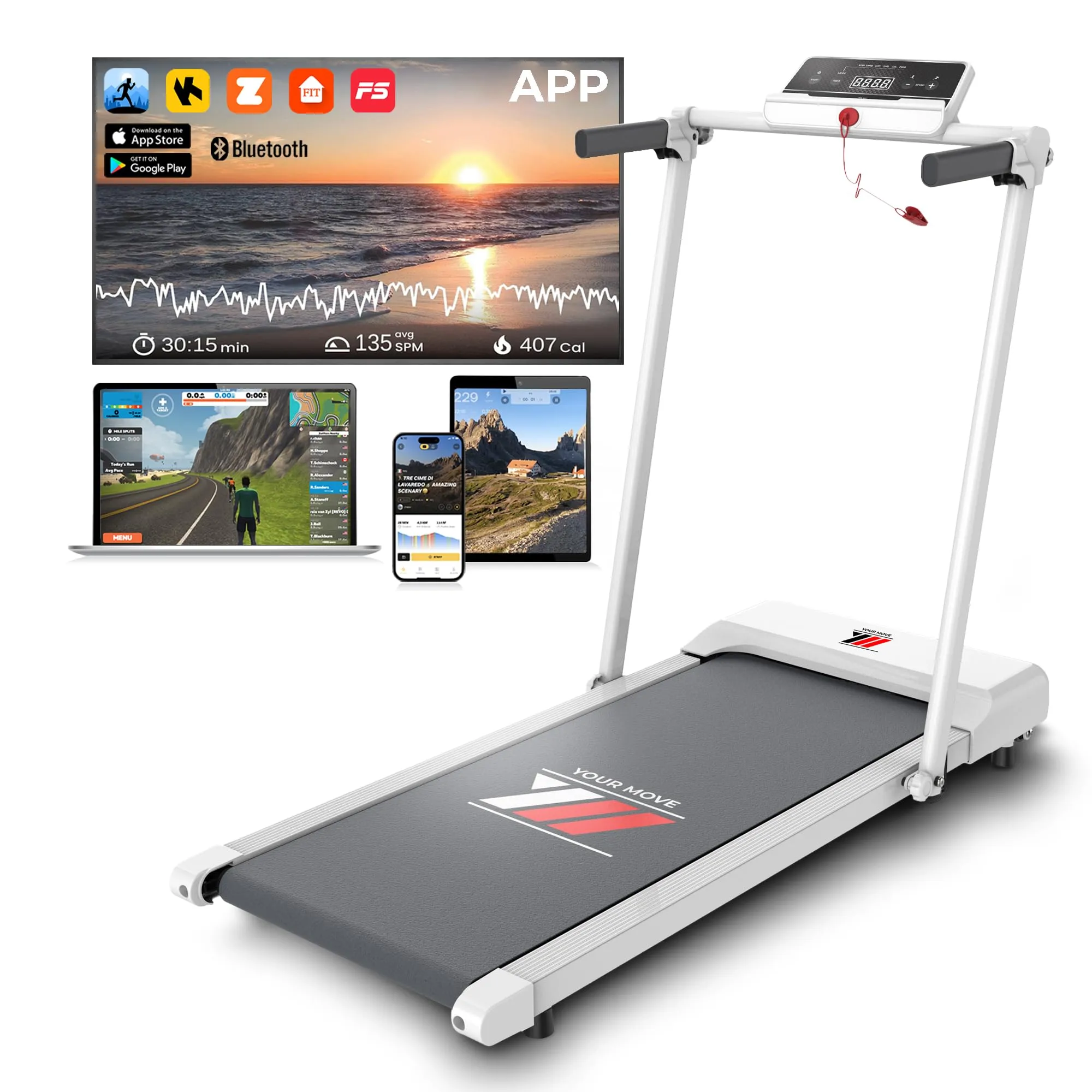YM Tapis Roulant Elettrico Salvaspazio 12 km/h, Tappeto Corsa MAXI 42cm, MARCHIO ITALIANO, Telaio rinforzato, APP Interattive Bluetooth, Pieghevole, 12 Programmi, NEXT 1000 Your Move ASSISTENZA ITALIA