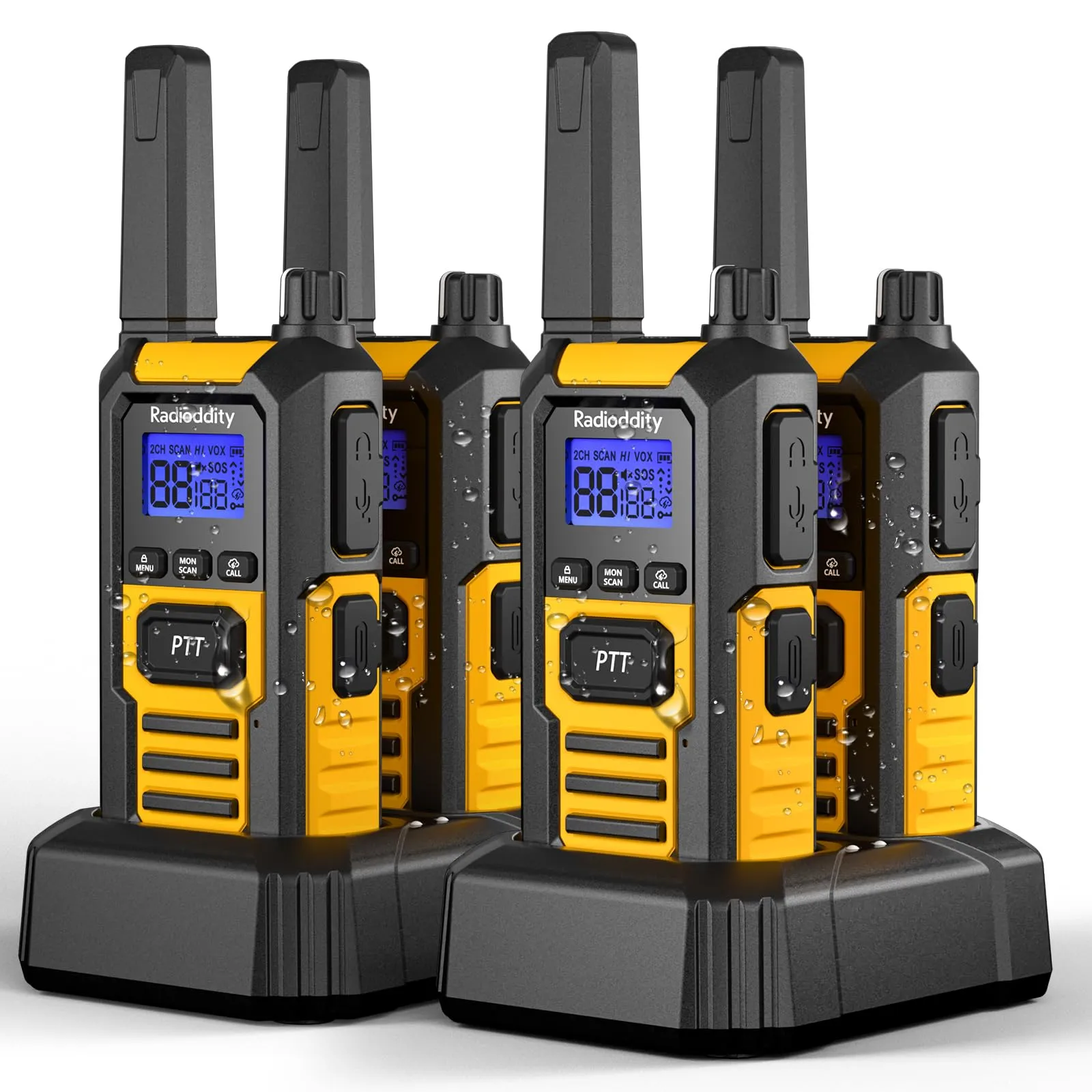 Radioddity HD-1 Walkie Talkie IP67 impermeabile, Set radio PMR robusto, antipolvere e antishock con chiamata di gruppo a un tasto, allarme vibrante, SOS, ricarica via base e USB-C (4 pezzi, giallo)