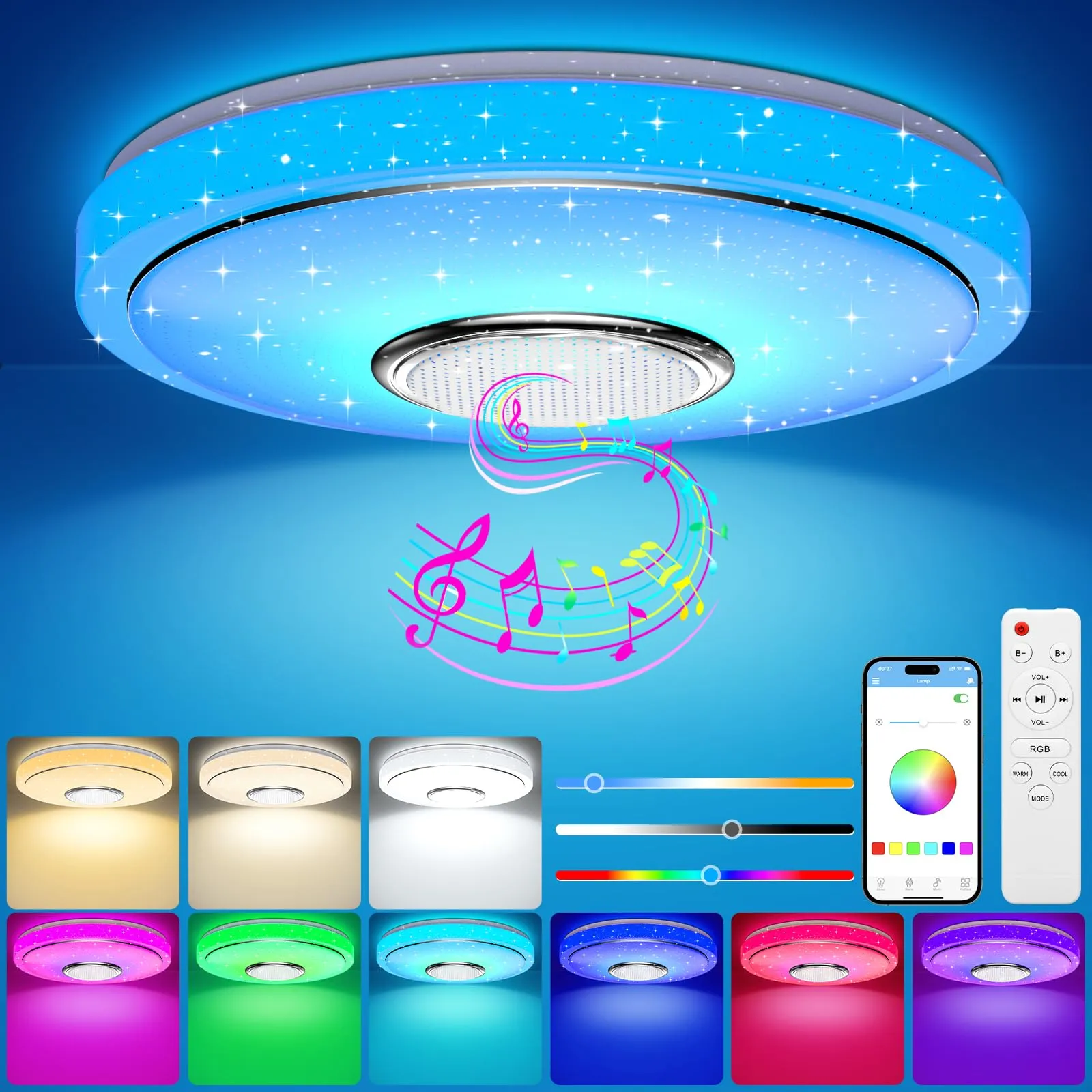 OGVDOE 48W Plafoniera LED Soffitto Dimmerabile Ø40CM Lampada da Soffitto RGB con Altoparlante Bluetooth Plafoniera LED RGB con Telecomando e Controllo APP per Bagno Soggiorno Camera da Letto