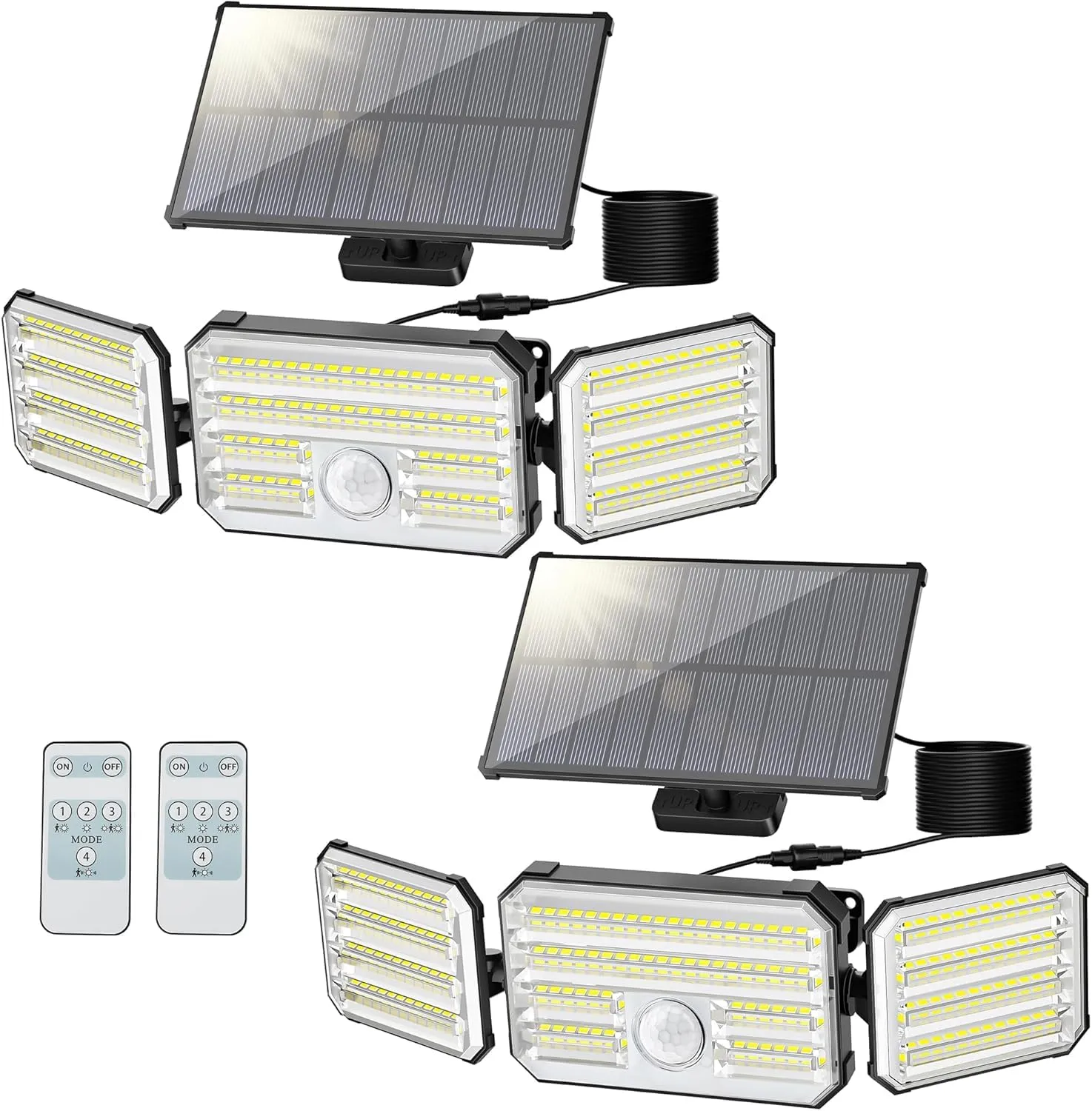 Possily Faretti Solari a LED da Esterno con Sensore di Movimento, Luce Solare Led Esterno con Telecomando 4 Modes 2000mAh IP67 Impermeabile, Lampada Solare con Pannello Solare per Giardino, 2 Pezzi