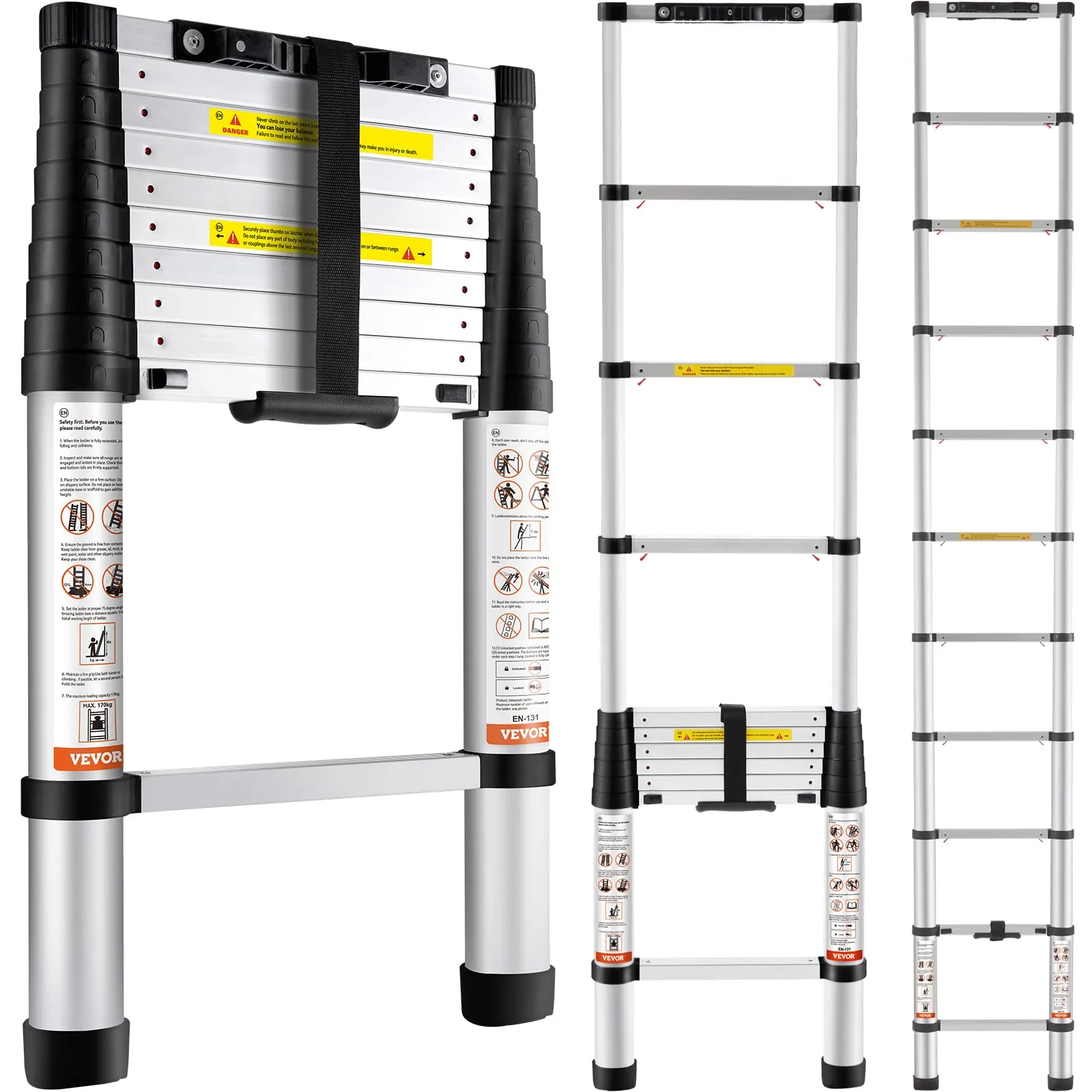 VEVOR Scala Telescopica in Alluminio Estensibile Altezza Max. 3,2m Portatile 8,2kg, Scala Telescopica Allungabile in Alluminio Portatile Salva Spazio Portata Massima 170 kg per Riparazione Domestico