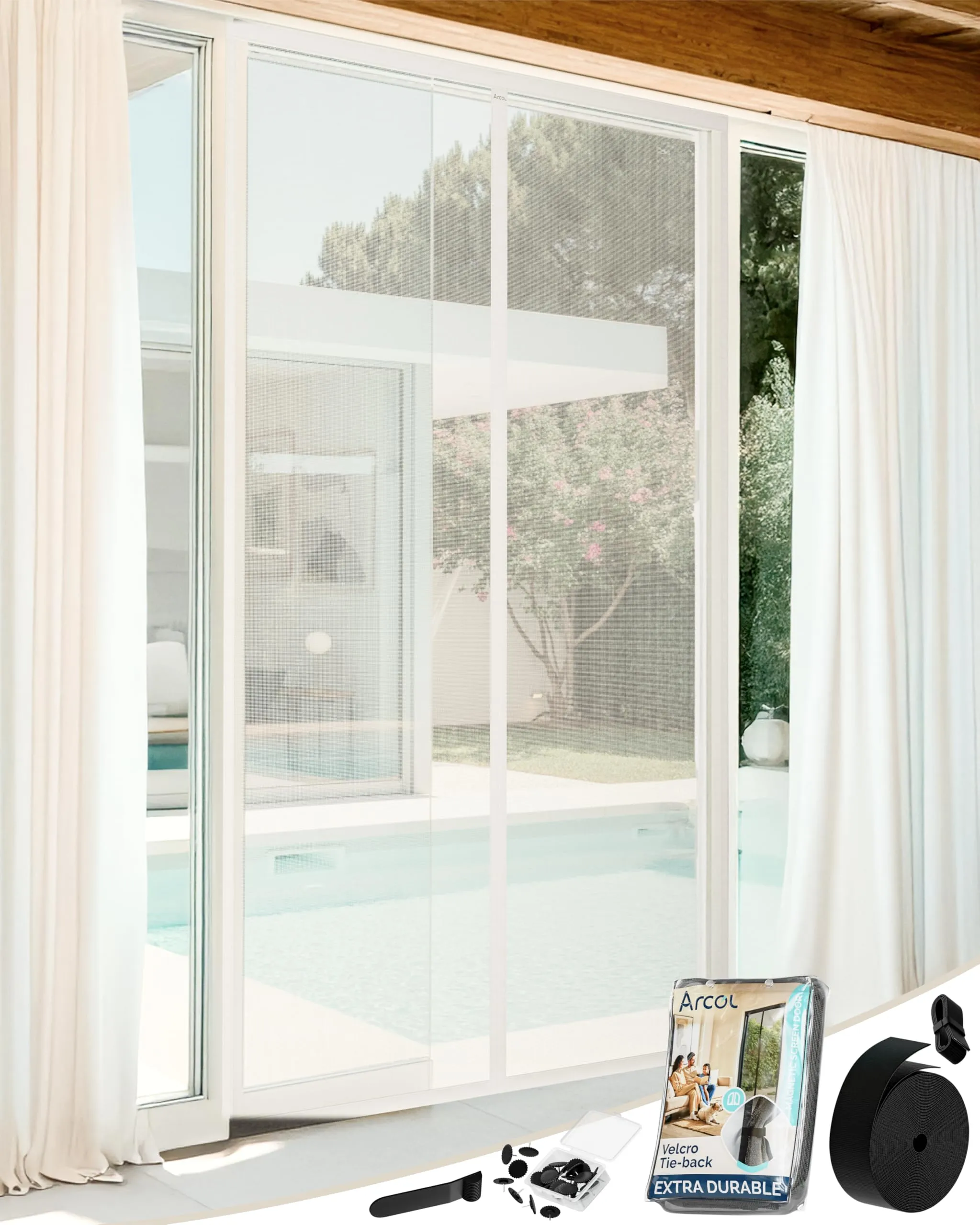ARCOL Zanzariera Magnetica 92x212 cm Antigraffio in Vetroresina - Zanzariera Porta Finestra con 2 Set di Nastri Adesivi, 1 Extra per la 2a Stagione - Zanzariere Magnetiche Base con Pesi (Nero)