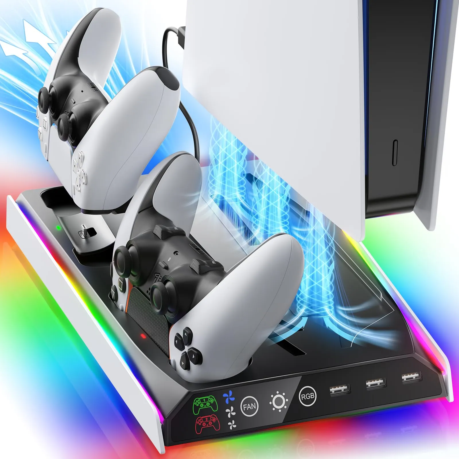 Fenolical Supporto PS5/Slim/Pro con Ventola di Raffreddamento Regolabile, Supporto Verticale per Caricabatterie PS5/Slim/Pro, Stazione di Raffreddamento Multifunzionale PS5 Slim con Caricabatterie