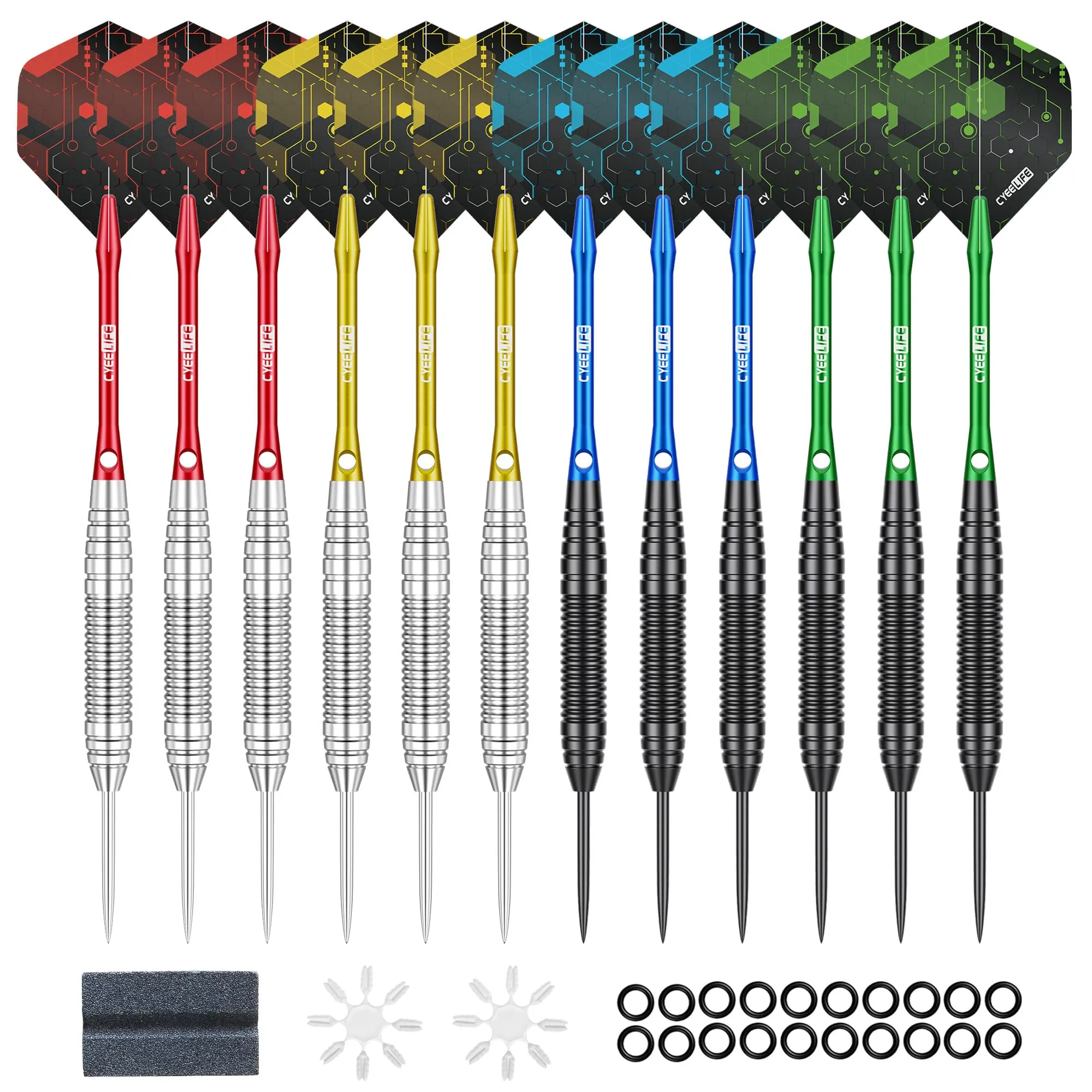 CyeeLife Freccette per Freccette con Punta in Metallo,12pcs 20g Set Freccette Professionali in Acciaio con 12 astine in Alluminio + 16 Flight + 12 Proteggi Flight in Alluminio + 20 Anelli di Gomma