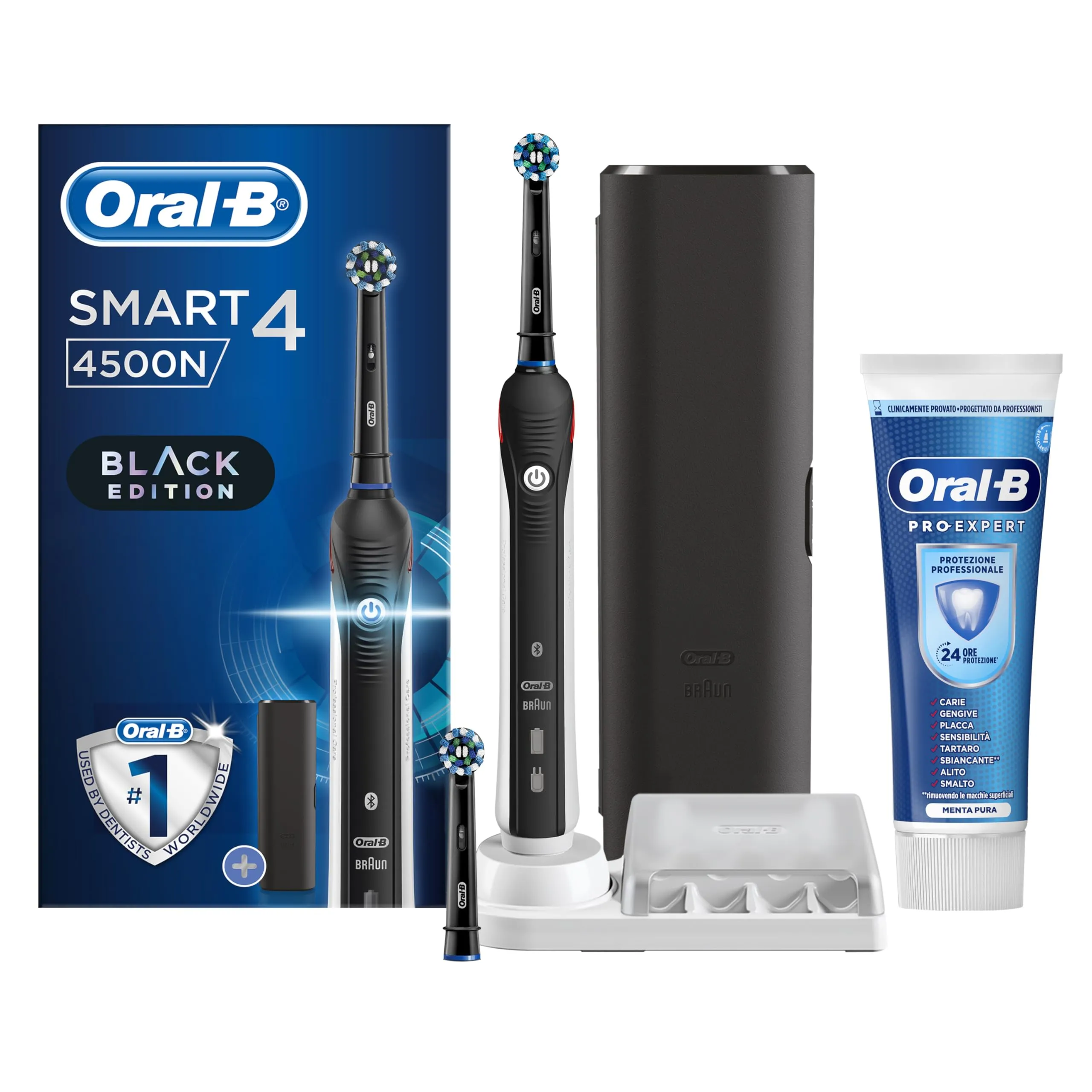 Oral-B Spazzolino Elettrico Ricaricabile Smart 4 4500 Nero, 2 Testine, 1 Custodia, 1 Spazzolino +1 Dentifricio Pro-Expert Protezione Professionale