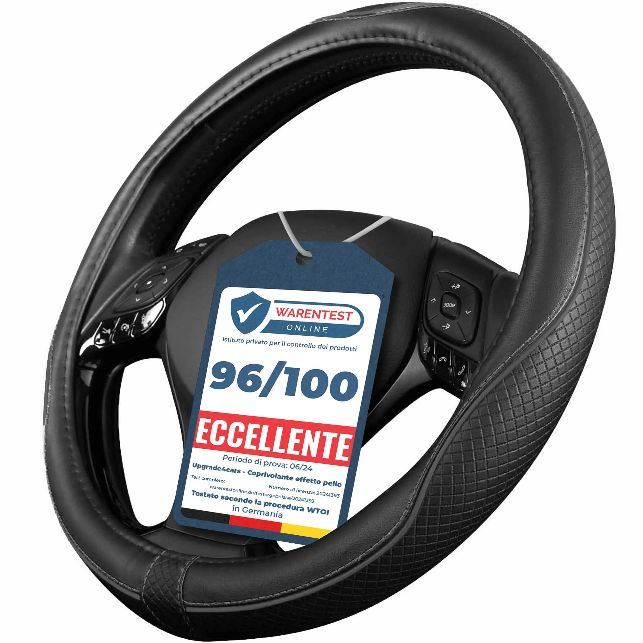 Upgrade4cars Coprivolante Auto Universale Nero in Finta Pelle | Copertura di Volante Diametro 37-38 cm | Accessori Auto Interno | Regali per Donna e Uomo