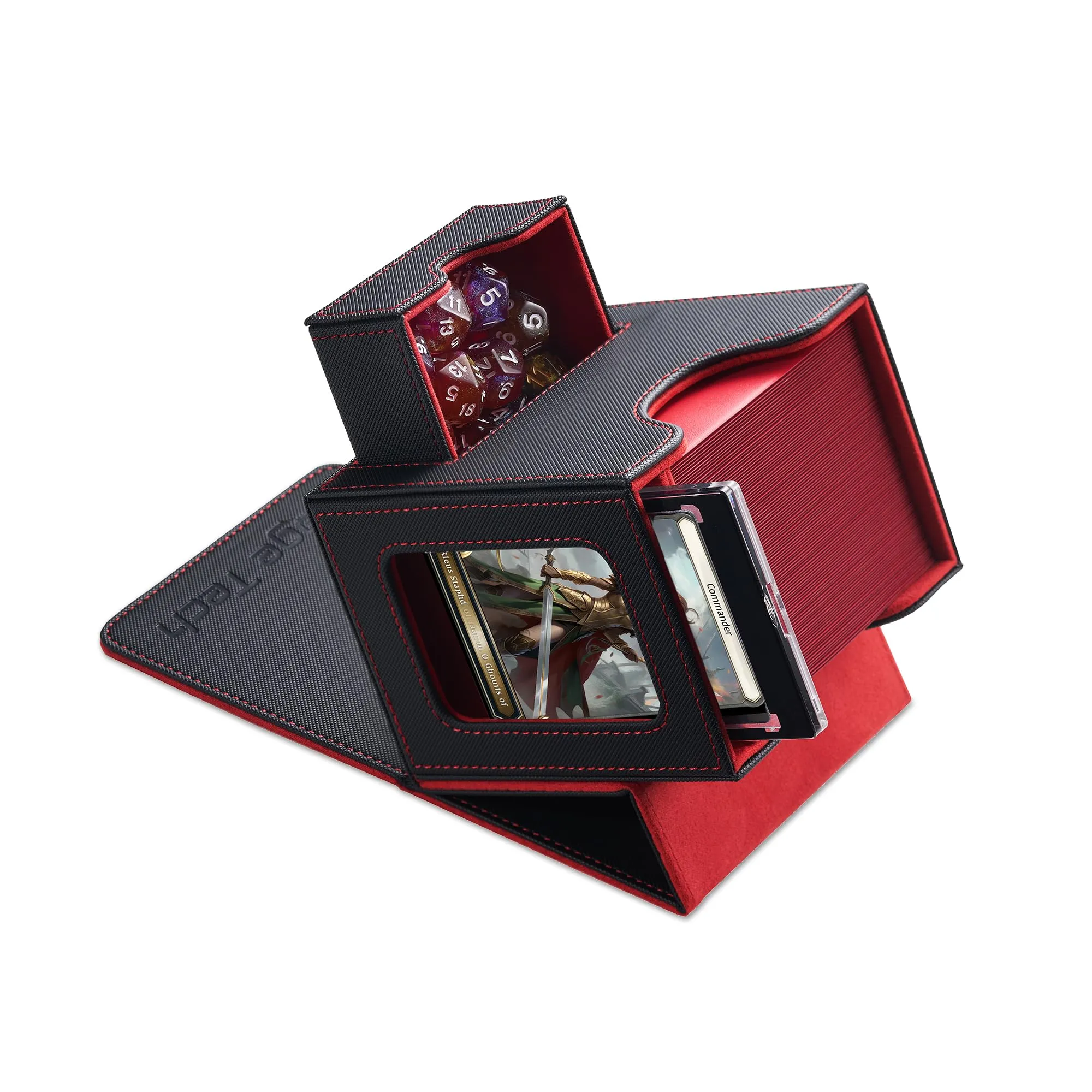 Mage Tech Commander Deck Box per MTG - Design Brevettato, Vetrina Commander, Adatta a 100 Carte Double-Sleeve, Porta Carte Magnetico da 35pt & Vassoio per Dadi - Nero/Rosso