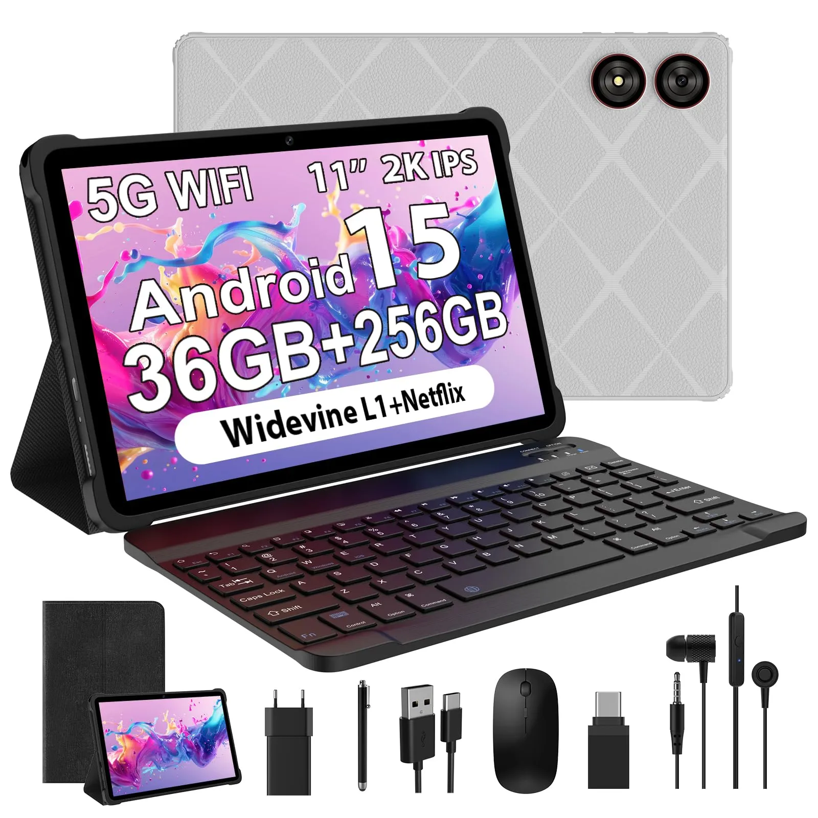 WOREGOO 11 Pollici Android 15 Tablet, 4G LTE e 5G WiFi, Tablet in Offerta Octa-Core, 36GB RAM+512GB ROM (1TB TF), Display HD, Widevine L1/8+13MP/8000mAh/GMS/GPS, con Tastiera+Mouse(Nero)