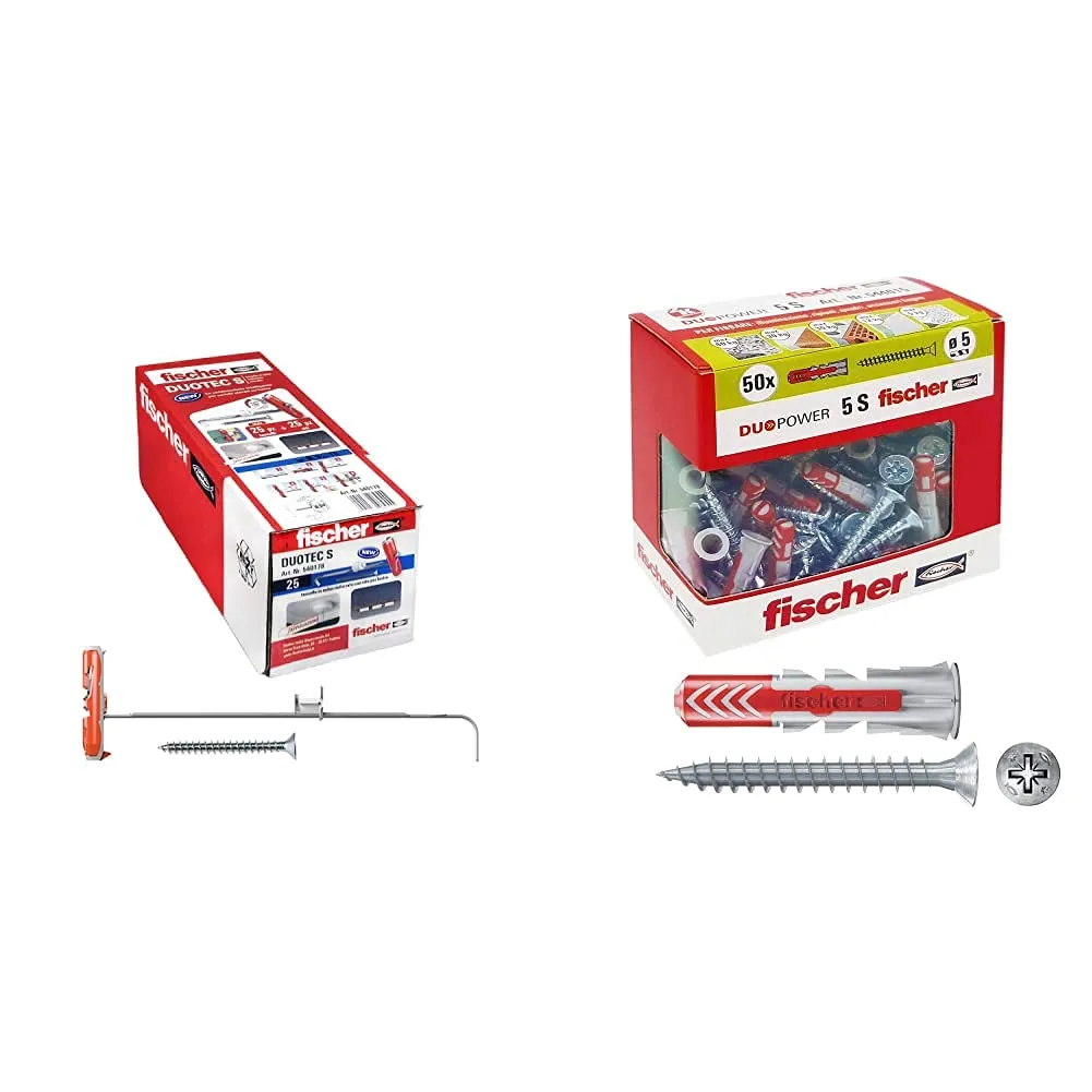 Fischer 25 Tasselli Per Cartongesso Duotec 10 S Con Vite, Fissaggio Ad Ancora Per Carichi Elevati Su Pannelli E Lastre, Foro 10 Mm & 50 Tasselli Duopower Con Vite, 5 X 25 Mm, Per Muro Pieno