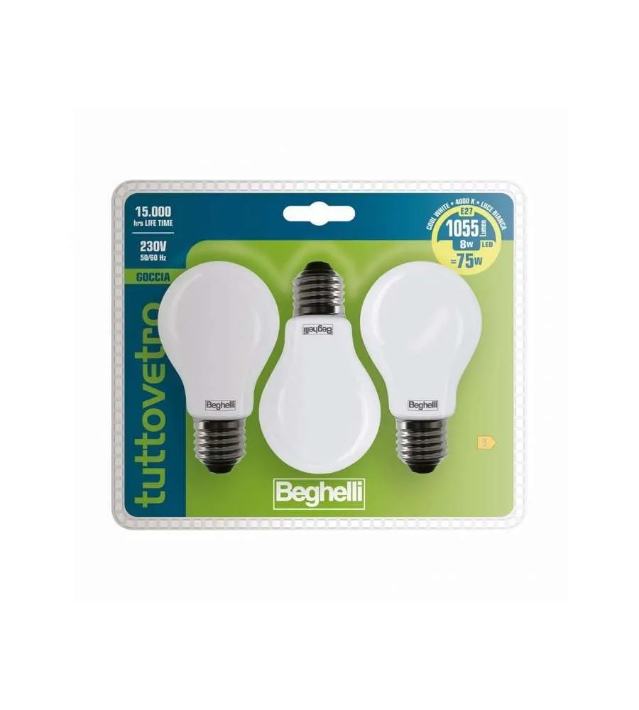 Lampadine LED Pack 3 Pezzi Tuttovetro Goccia OP 8W E27 4K 3 Pezzi 1055 lm