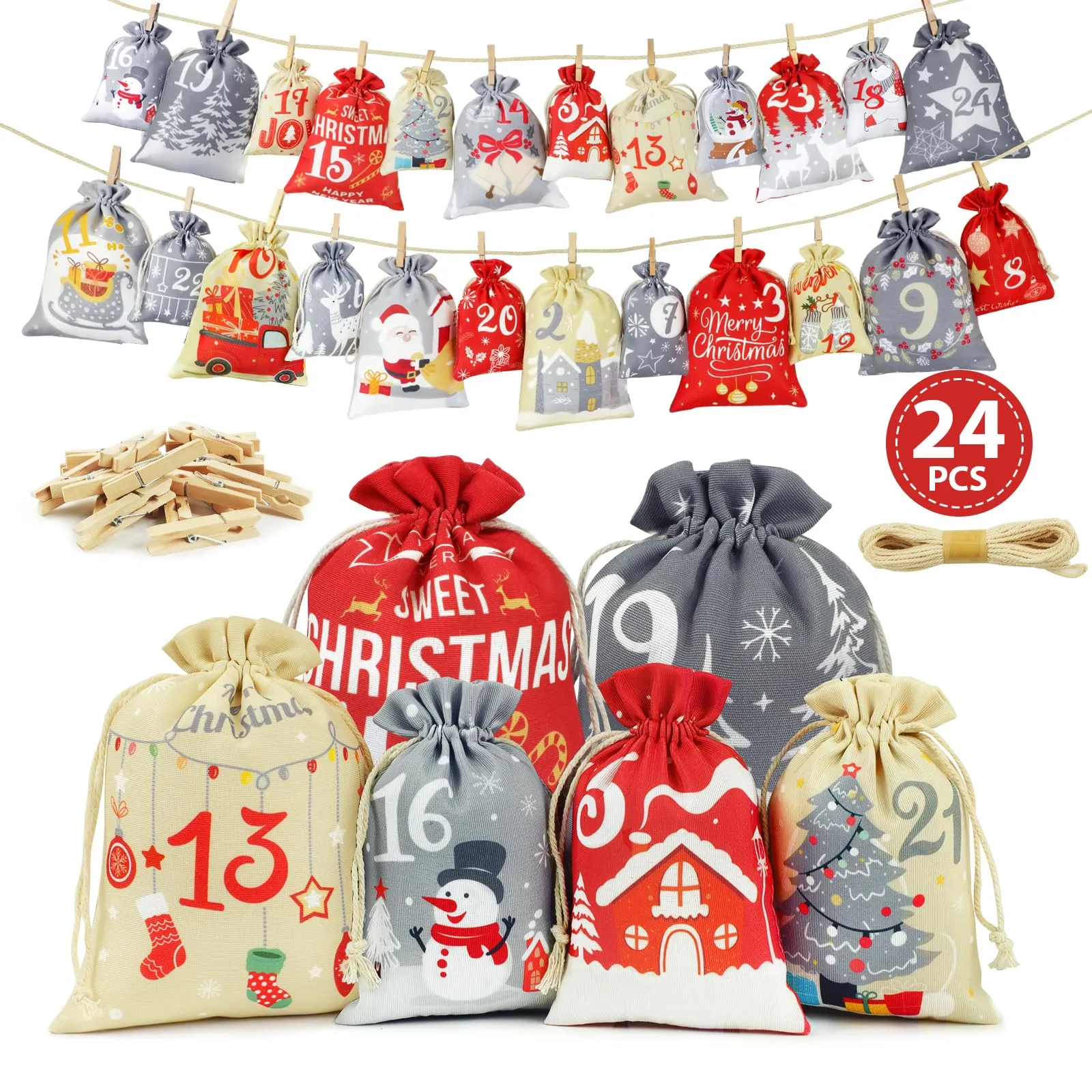 AFXXE Calendario Avvento Fai da Te, Sacchetti Calendario Avvento Bambini, Kit Calendario Dell Avvento Fai da Te, Grande Calendario Avvento 2023 Fai da Te da Riempire Stoffa, Sacchetti Avvento Natale