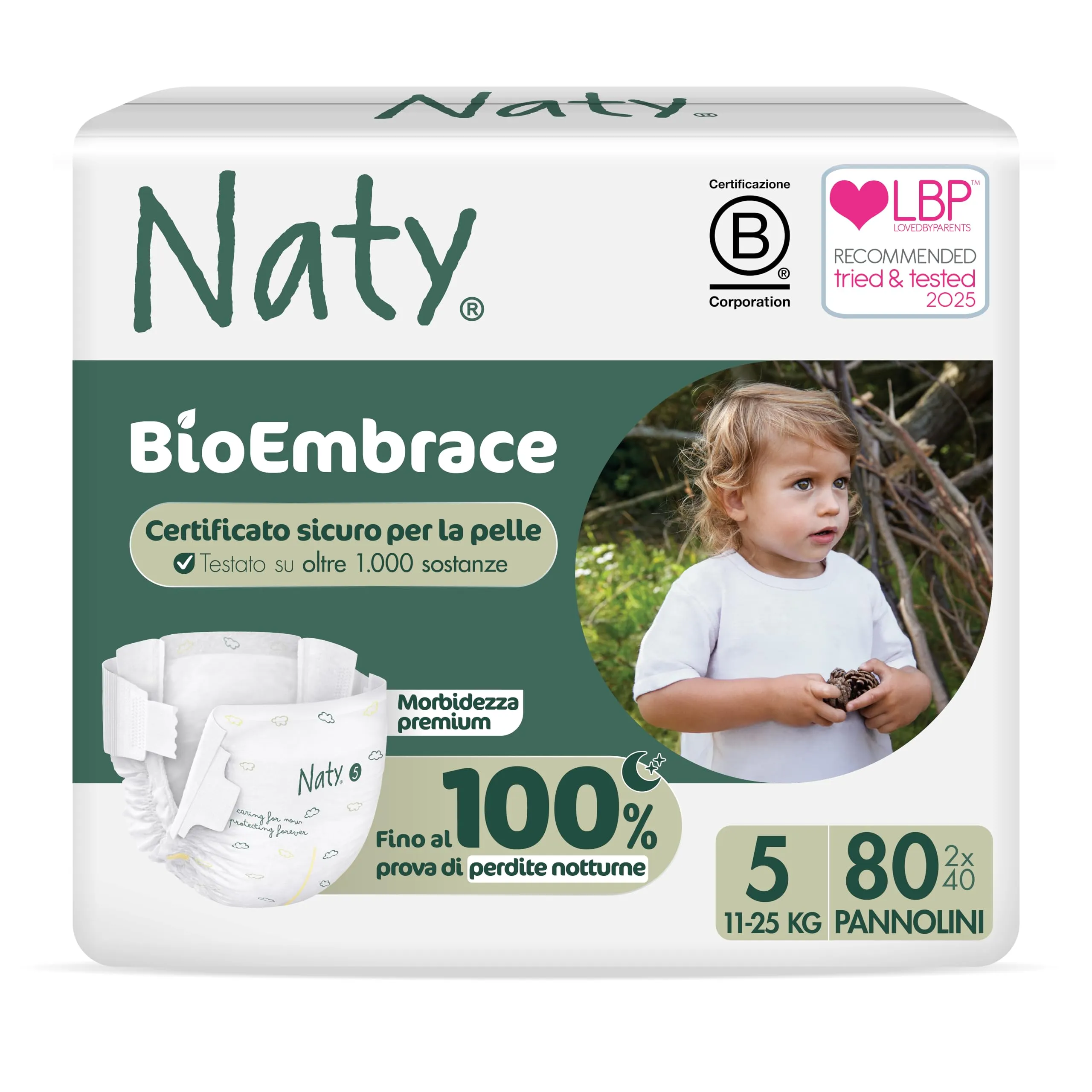Naty BioEmbrace Pannolini per Bambini Taglia 5 (11–25 kg) | 100% a base vegetale sulla Pelle | Morbidezza vegetale, Dermatologicamente Testati, Super Assorbenti | 80 Pezzi