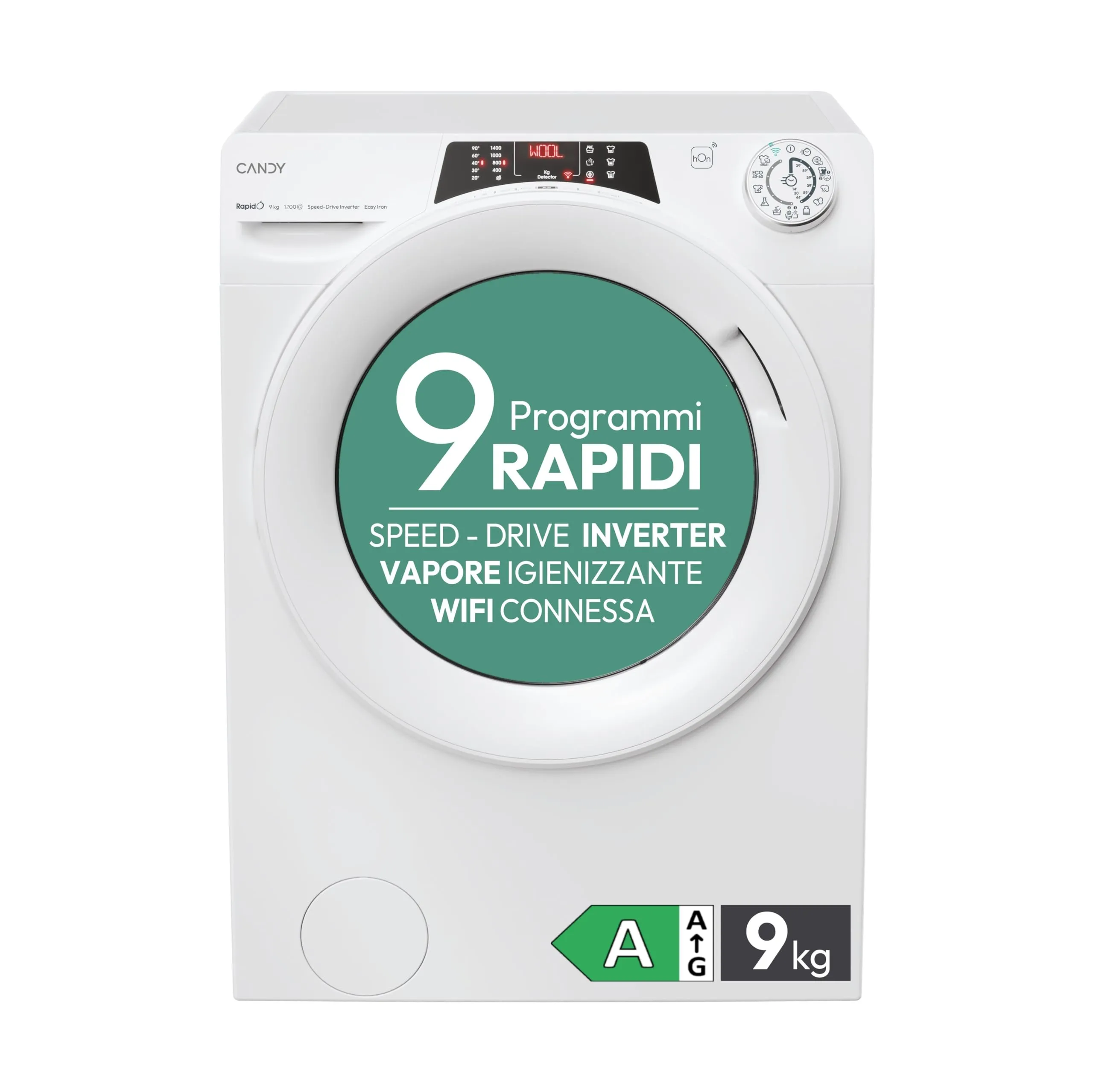 Candy RapidÓ RO 1294DWMT/1-S Lavatrice, 9 Kg, 1200 Giri, Wi-Fi + BLE, Connesso, Opzione Vapore, Rilevatore Kg, Classe A, 60x53x85 cm, Bianco