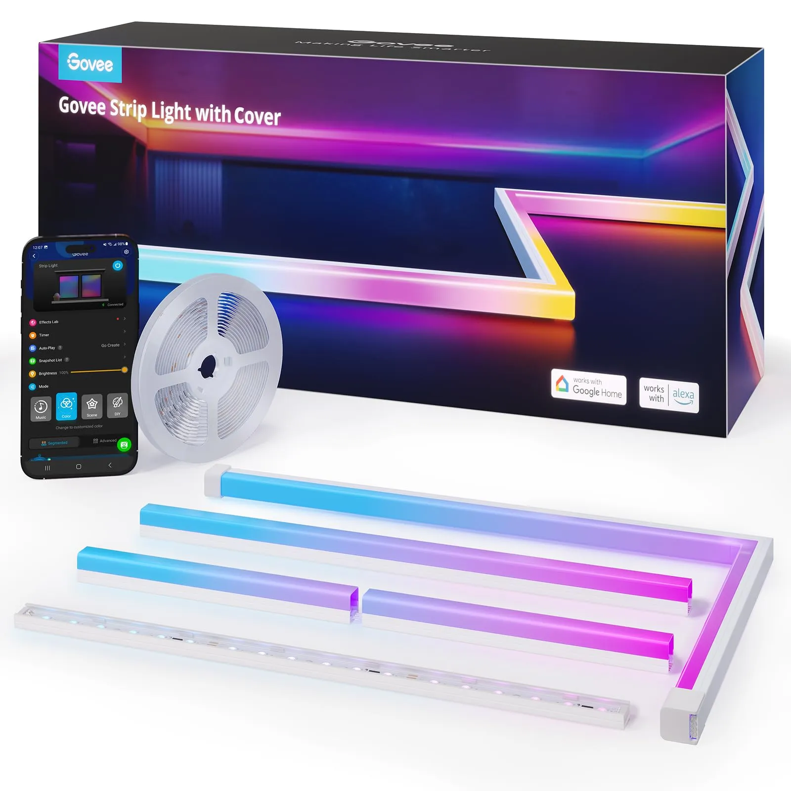 Govee RGBIC Striscia LED con Copertura, 5M LED Profilo con Luci Intelligenti Funzionano con Alexa e Google Assistant, Tagliabile e Collegabile, per Camera da Letto, Battiscopa, Studio, Mobiletto