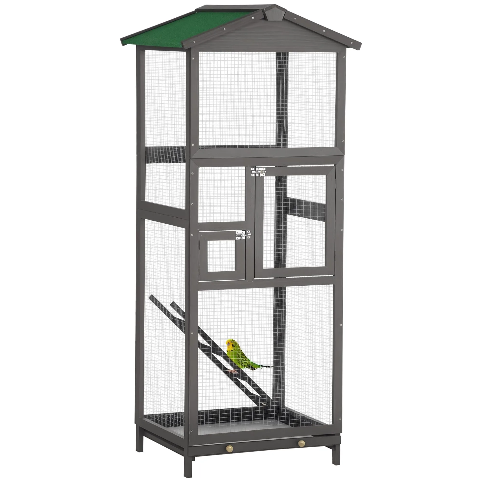 PawHut Gabbia per Uccelli in Legno di Abete e Rete Metallica, Voliera per Uccelli da Esterno con 2 Porte, Tetto in Asfalto e Vassoio Estraibile, 68x63x165 cm, Grigio Chiaro
