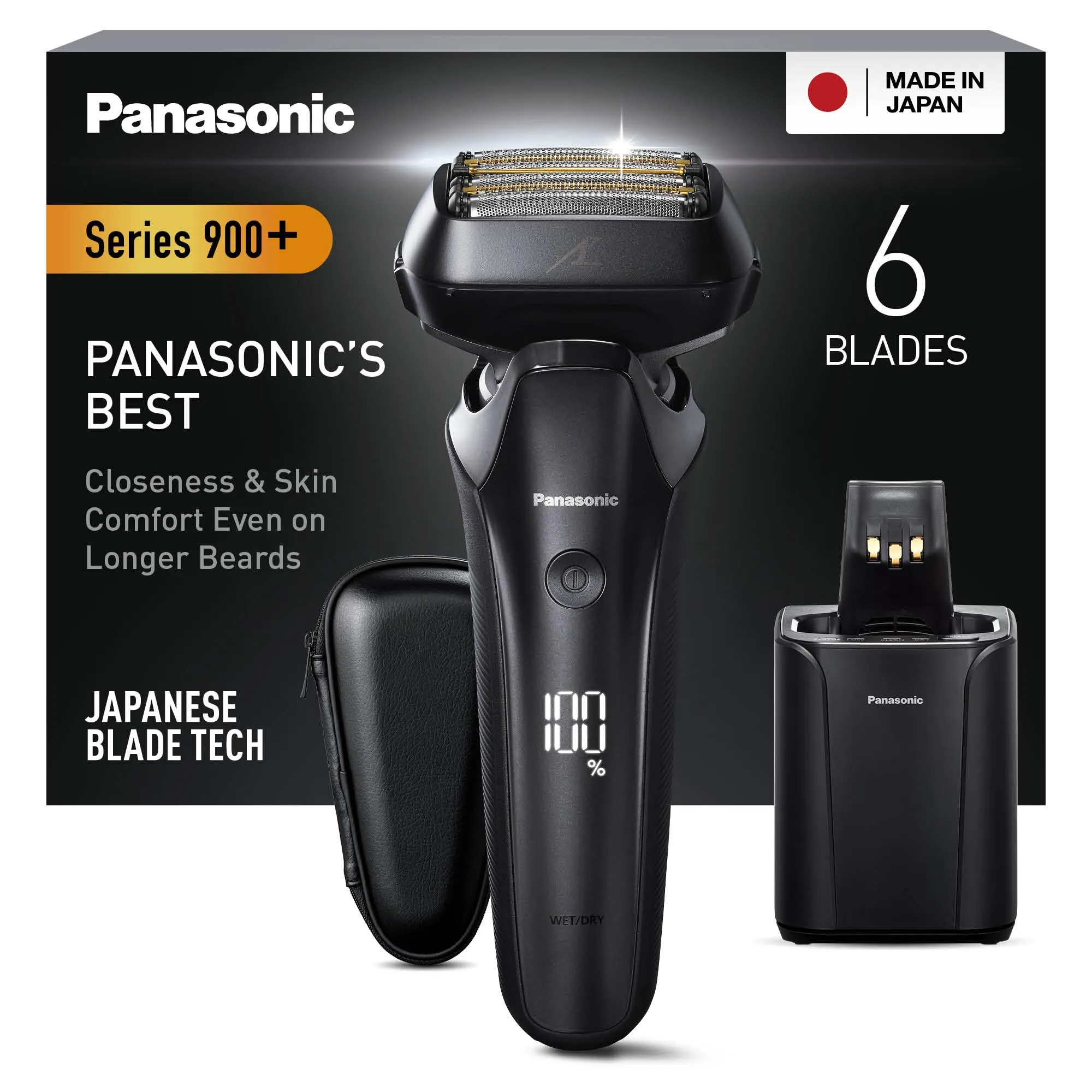 Panasonic Series 900+ ES-LS9A 6-Blade Wet & Dry Rasoio Elettrico Per Gli Uomini, Rasoio Elettrico Con Sensore Barba Reattivo, Pulizia Automatica E Sistema Di Ricarica, nero