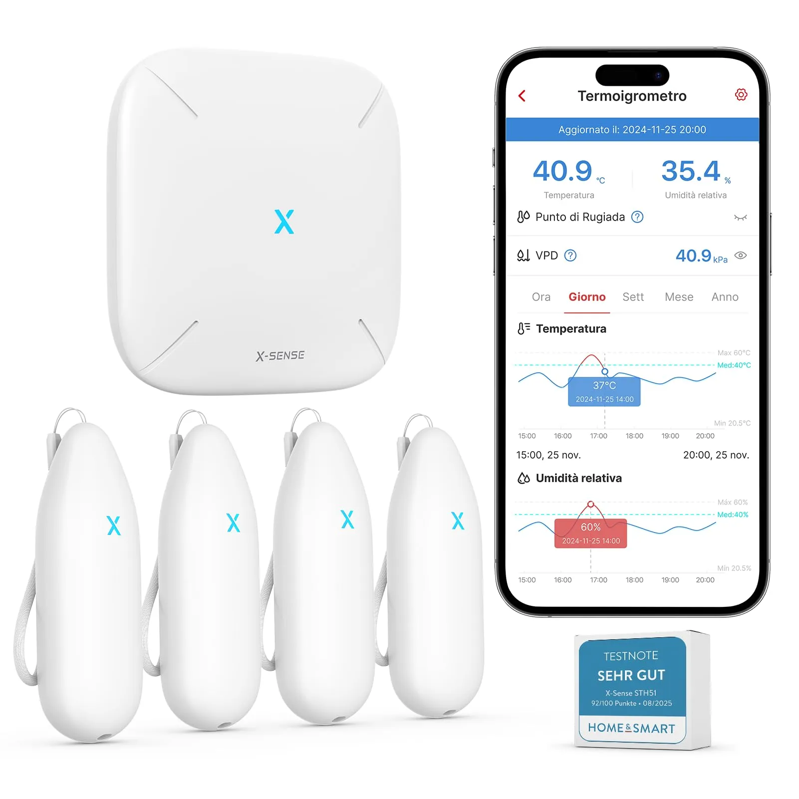 X-Sense Termometro Igrometro WLAN interno, monitoraggio temperatura e umidità via App, esportazione dati gratuita, 4 Sensori + 1 Stazione Base, STH55