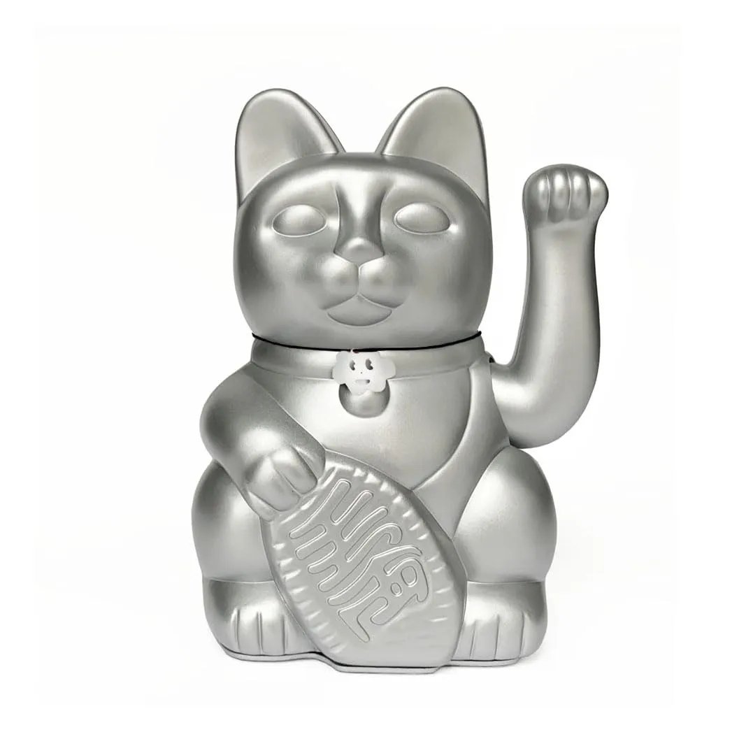 Gatto Fortunato Cinese. Gatto portofortuno. Lucky cat. Maneki Neko ARGENTO, L (12x9x18cm)