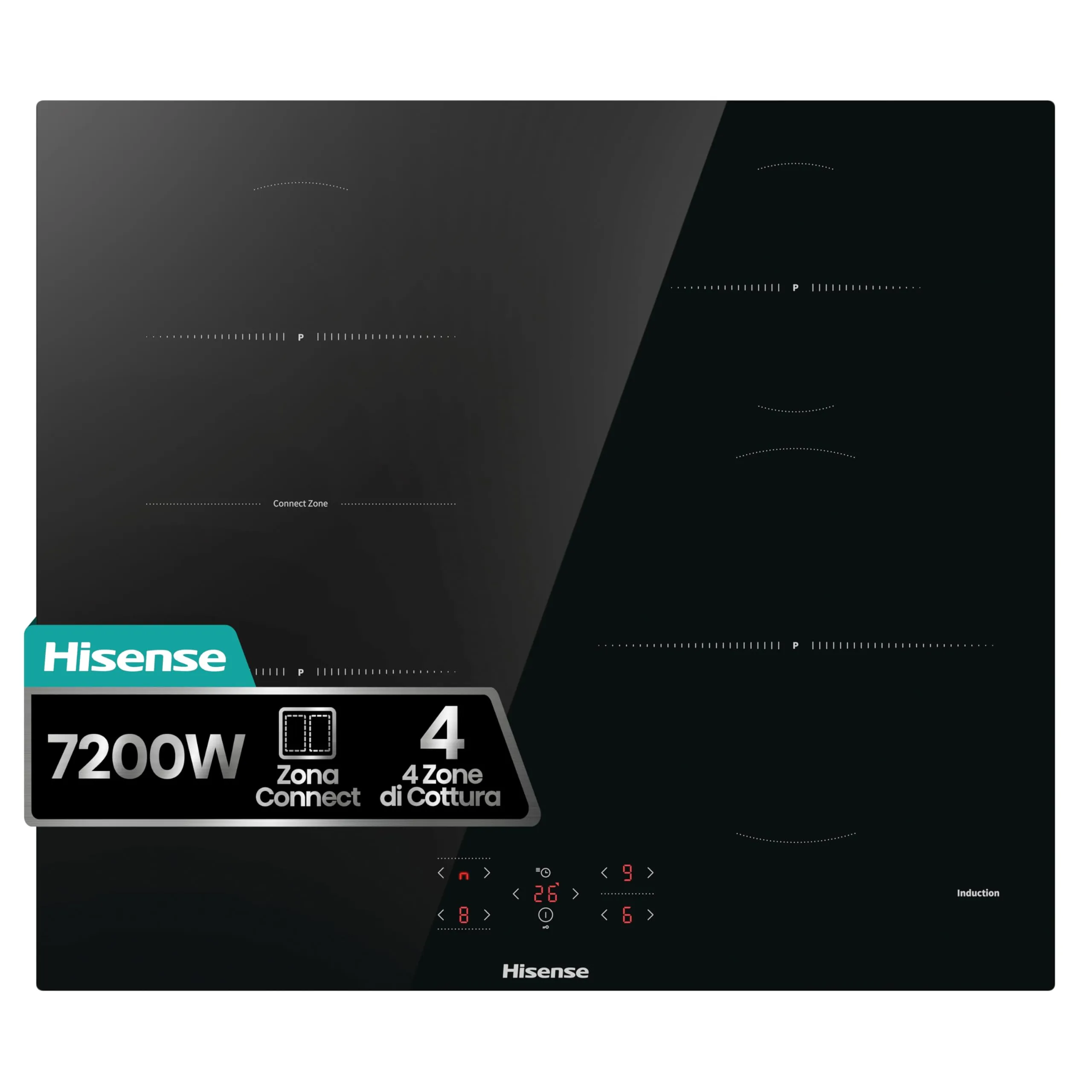 Hisense HI621FM - Piani Cottura a Induzione, 4 Zone di Cottura con Funzione Bridge, Funzione Power Boost, Timer di cottura, Indicatore di calore residuo, Nero, 595 × 54 × 520