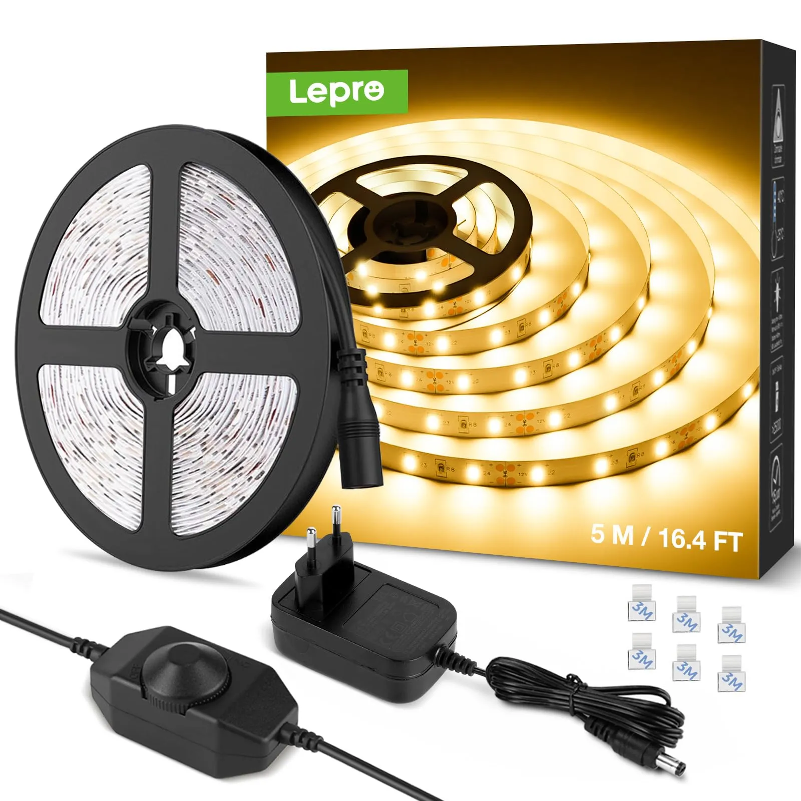 Lepro Striscia LED 5M 300LED SMD2835 Dimmerabile, LED Strisce 15W 1200LM Bianco Caldo 3000K, Luce Nastro Luminoso per Decorazione Interna, Kit Completo Connettori e Alimentatore e Interruttore Dimmer