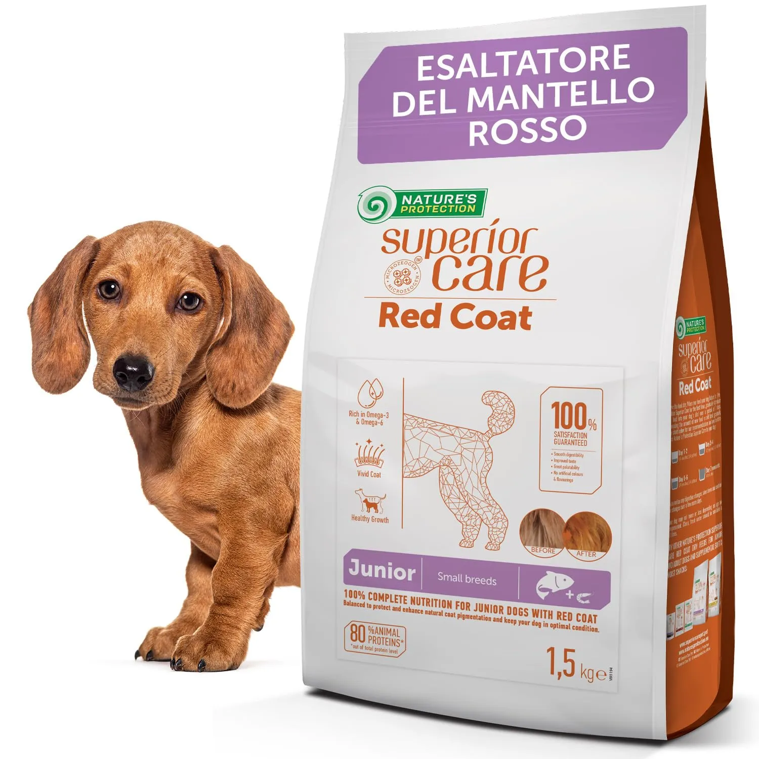 Nature's Protection Superior Care Crocchette Cani ad Alto Contenuto Proteico - Cibo per Cani Junior dal Pelo Fulvo - Ipoallergenico, con Salmone e Omega 3 e 6 - Taglie Piccole (1,5 kg)