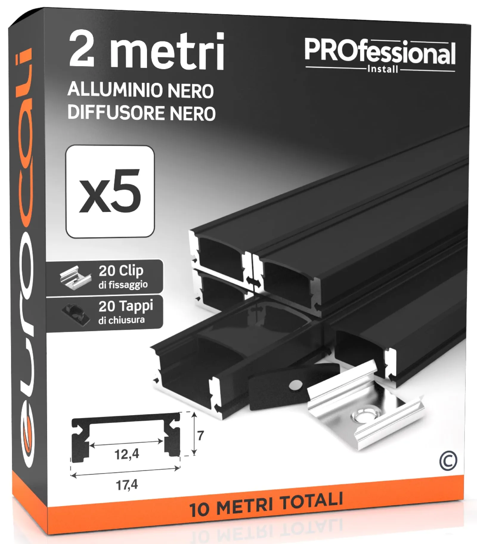 Eurocali 5x Profili da 2 metri (10mt) in Alluminio Nero per Strisce LED Copertura Opaca - larghezza max striscia led 12.4mm - 17.4 x 7