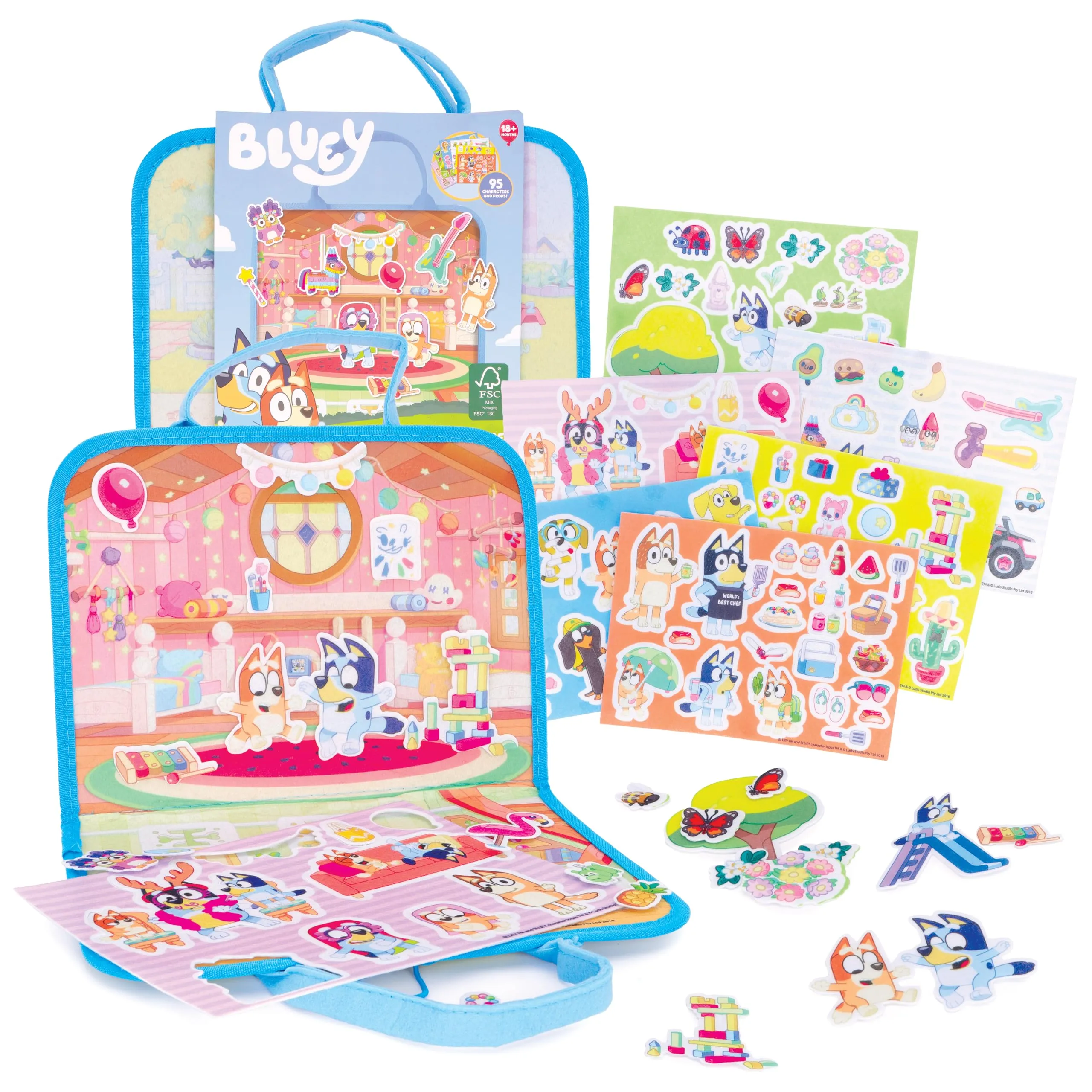 Toyland® Set di attività in feltro Bluey da 96 pezzi - Valigetta portatile con 2 sfondi - 95 personaggi e oggetti di scena - Giocattoli creativi senza sporcare - Età 18 mesi +