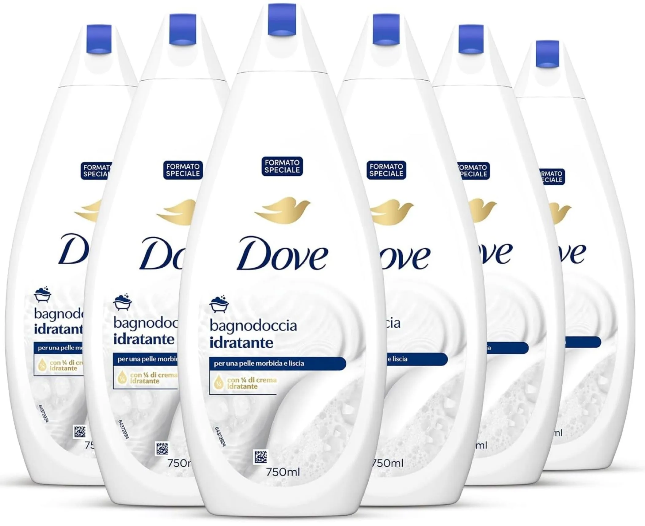 Dove Docciaschiuma Idratante, Formula con Idratante Dermo-Naturale, con 1/4 di Crema Idratante, Dermatologicamente Testato, Bagnoschiuma Uomo e Donna, 100% Bottiglia Riciclata* 6 Pezzi x 750 ml
