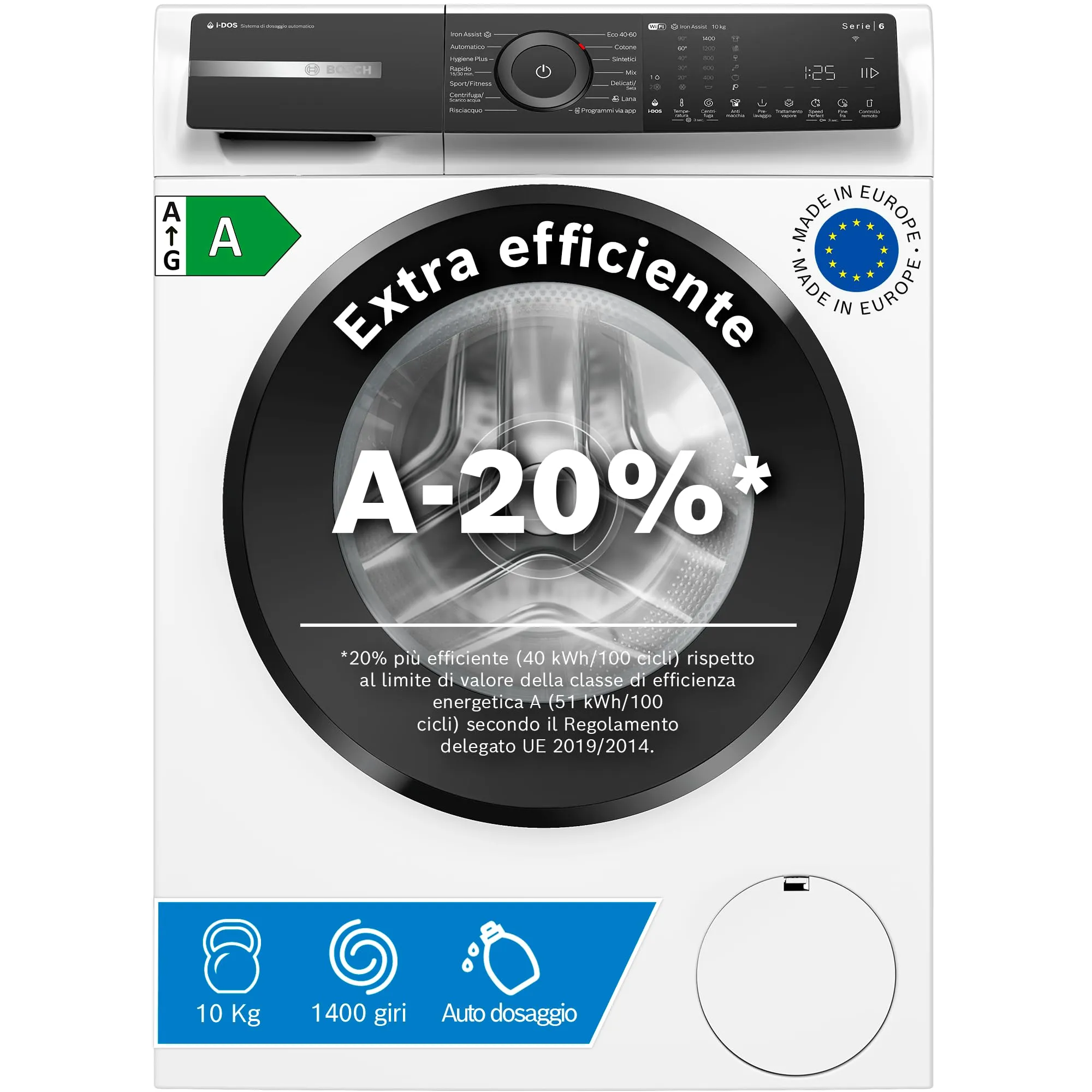 Bosch WGH254A0IT Serie 6, Lavatrice a carica frontale, capacità 10 kg, 1400 rpm, Dosaggio automatico i-DOS, Iron Assist, Home Connect, Sistema Anti macchia Plus, Bianco, 60 Cm