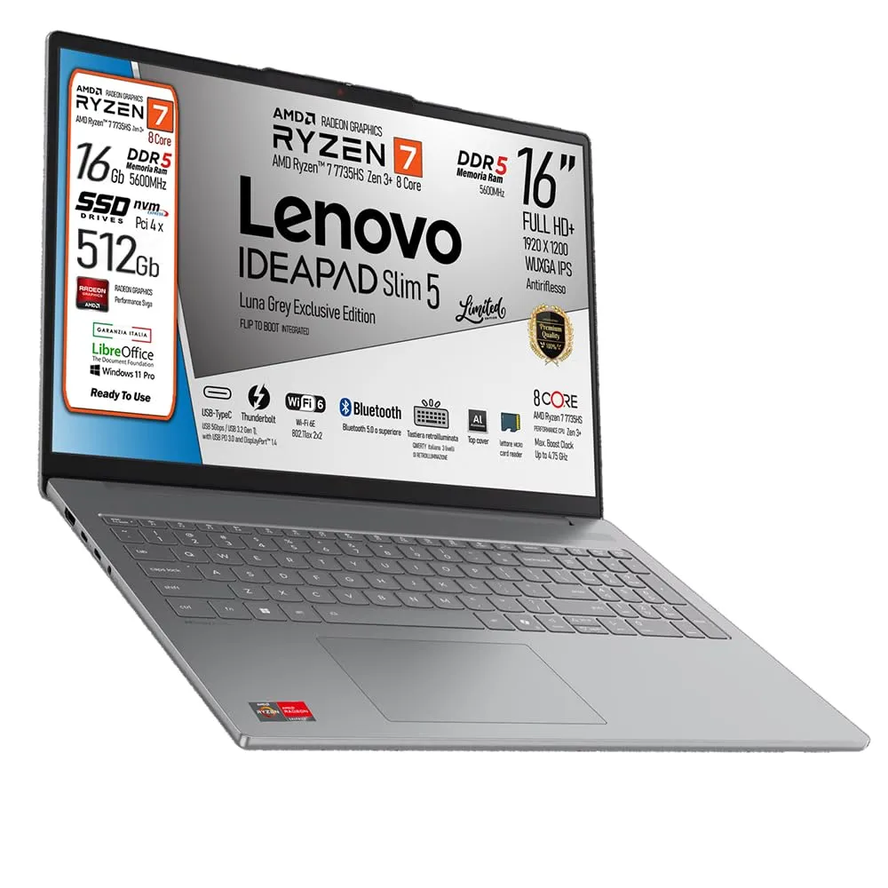 Lenovo, pc portatile Notebook, AMD Ryzen 7 7735HS 8 Core, DDR5 32Gb, Display WUXGA 16" IPS FHD+, SSD 1Tb (2 X 512Gb), Wi-Fi 6, Bt, USB Thunderbolt, Tastiera retroilluminata, Win11 Pro, Pronto all'Uso
