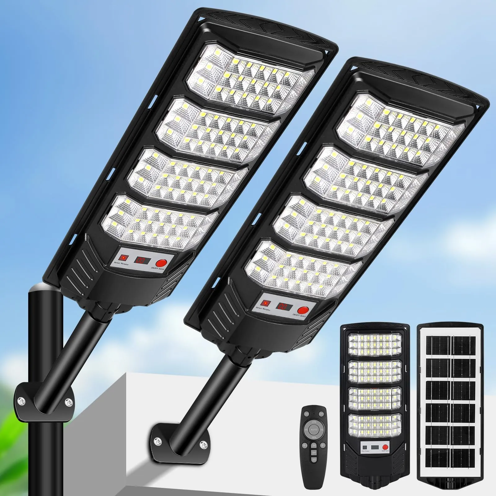 600W Lampione Solare Led Esterno 2 pezzi,IP66 Impermeabile Faretto Stradale con Sensore di Movimento,6500K Lampioni da Giardino Esterno Solari per Garage Strada