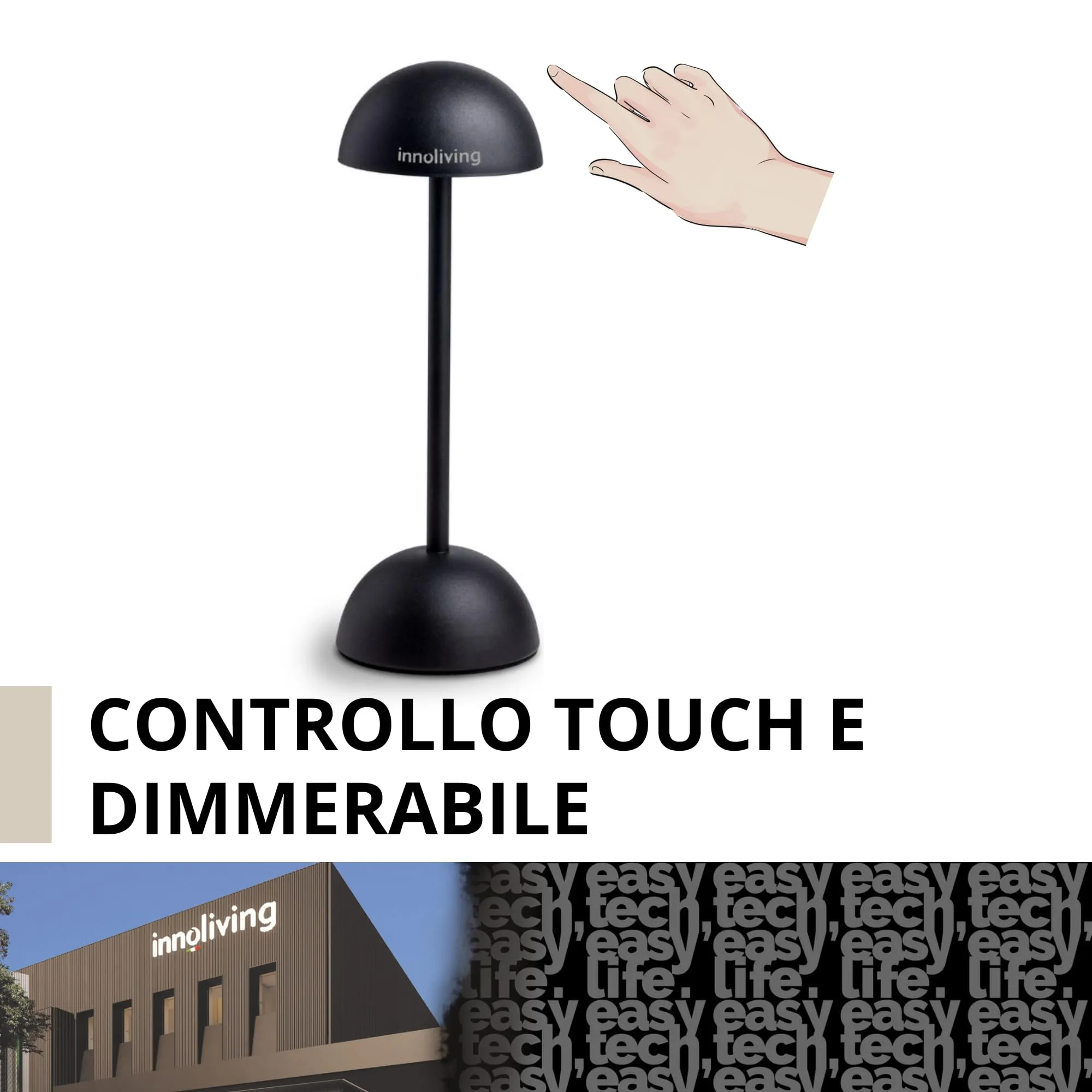 Innoliving lampada LED INN-293 ricaricabile, da tavolo, senza fili touch e dimmerabile, per interni ed esterni, luce naturale 3500K, luca fredda 6500K e calda 2700K, bianca e nera (Bianco)