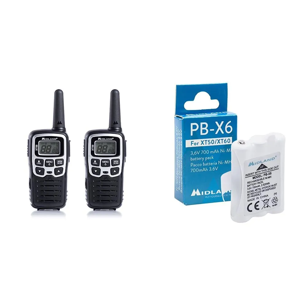 Midland XT50, Radio Walkie Talkie a Ricarica Rapida, 24 canali PMR446 senza licenza, 8 km di Portata & C1300 PB-X6 - Batteria per XT50/XT60, 700 mAh, Ni-MH