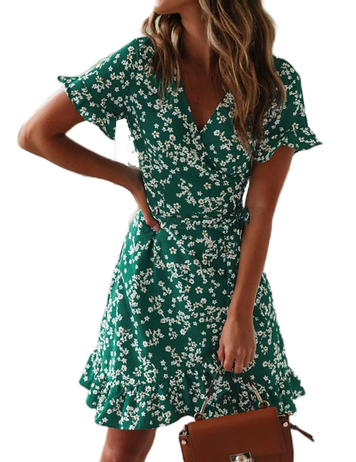 TOPLAZA Abito da Spiaggia Vestiti Donna Estivi Chiffon Stampa Scollo V Manica Corta, Verde, S
