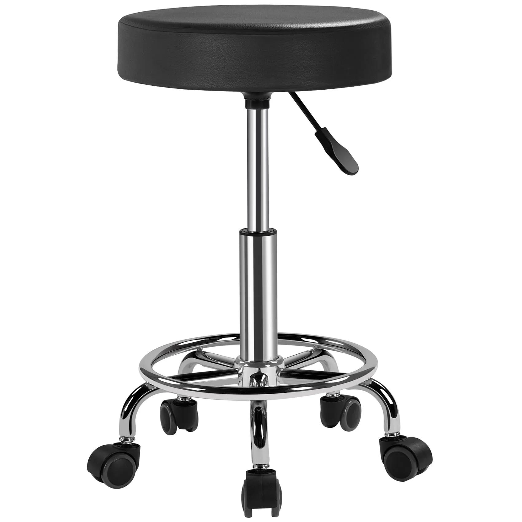 Yaheetech Sgabello con Ruote, Regolabile in Altezza, Sedia Rotondo Estetista con Rotelle Girevole, per Salone Toeletta Trucco Parrucchiere Poltrona Pedicure in Ecopelle, Nero