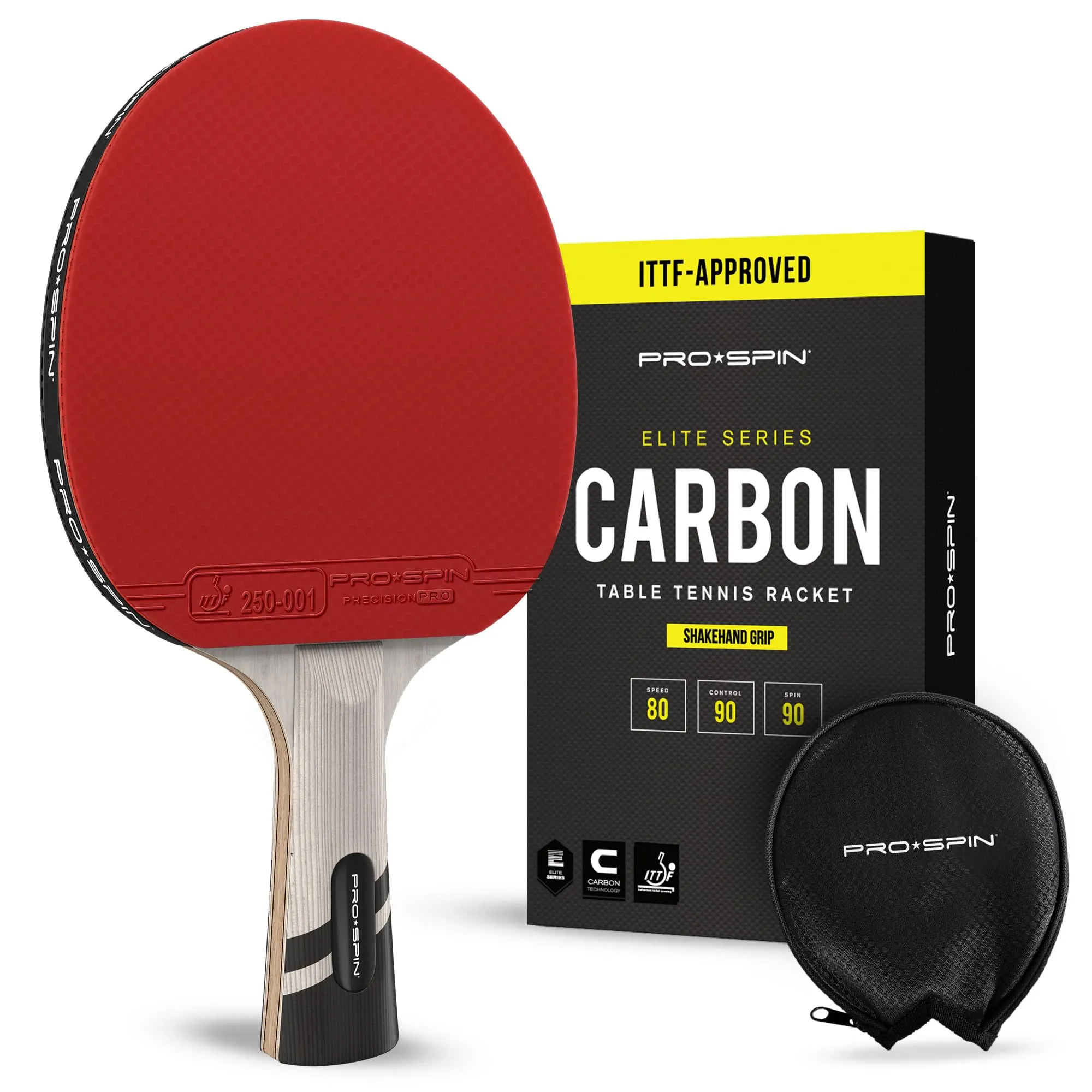 PRO SPIN Racchetta Ping Pong in Fibra di Carbonio - 7 strati, Gomma Offensiva, Spugna 2 mm e Custodia - Confezione da 1 - Dai il Massimo con la Racchetta Ping Pong Serie Élite in Carbonio