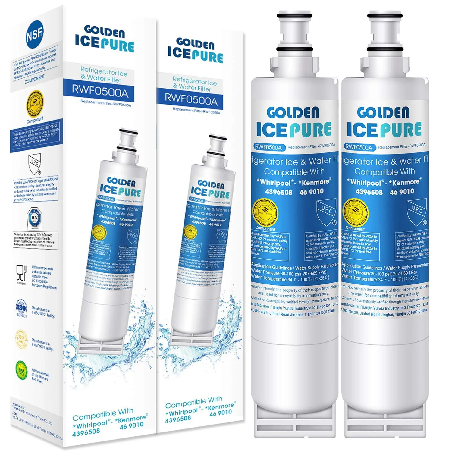 GOLDEN ICEPURE Sostituzione Filtro Acqua per Frigorifero da 2 Pezzi per Whirlpool 4396508 Maytag KitchenAid Kenmore e Hotpoint, SBS002, 481281729632, 461950271171, 46-9908, 46-9010(Con fattura)