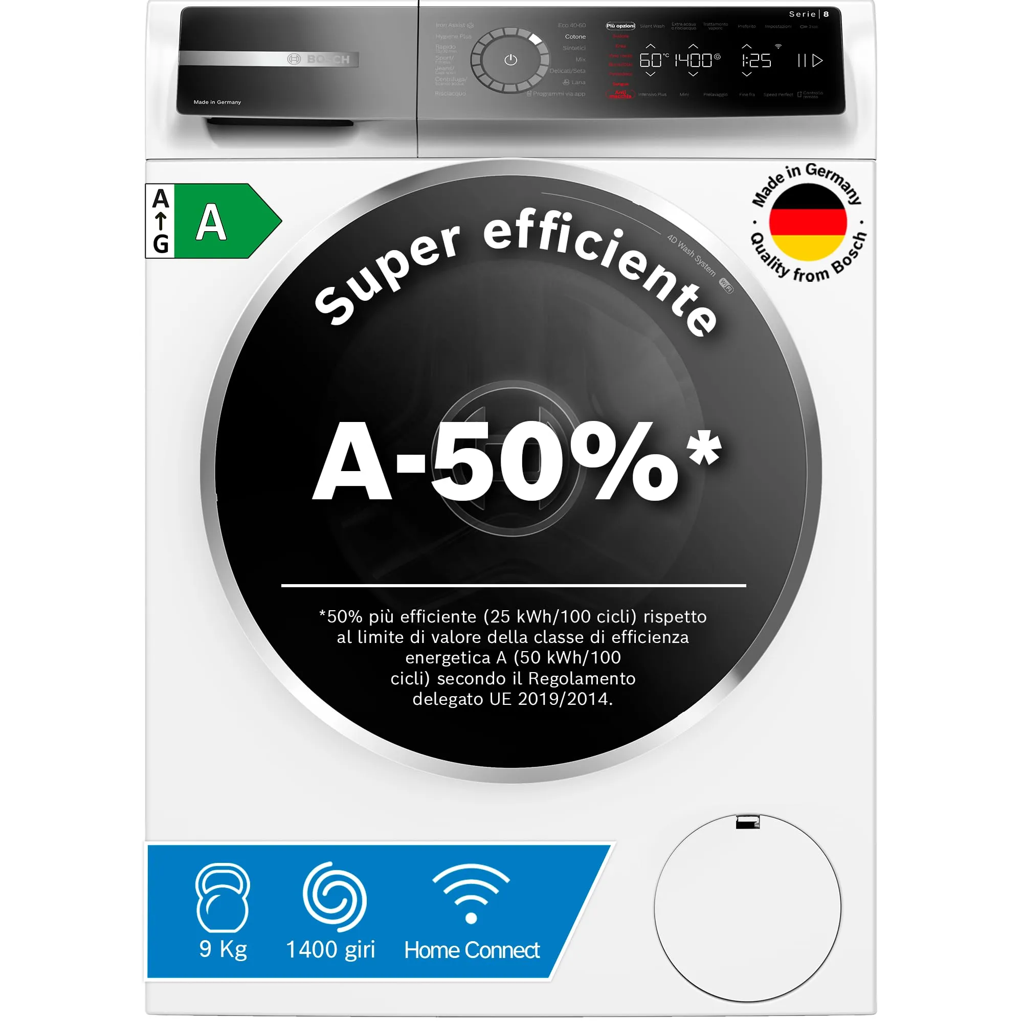 Bosch WGB24402IT Serie 8 Lavatrice a carica frontale, capacità 9 kg, 1400 rpm, Iron Assist: riduce le pieghe fino al 50%, Home Connect, Sistema Anti macchia Plus, Bianco, 60 Cm