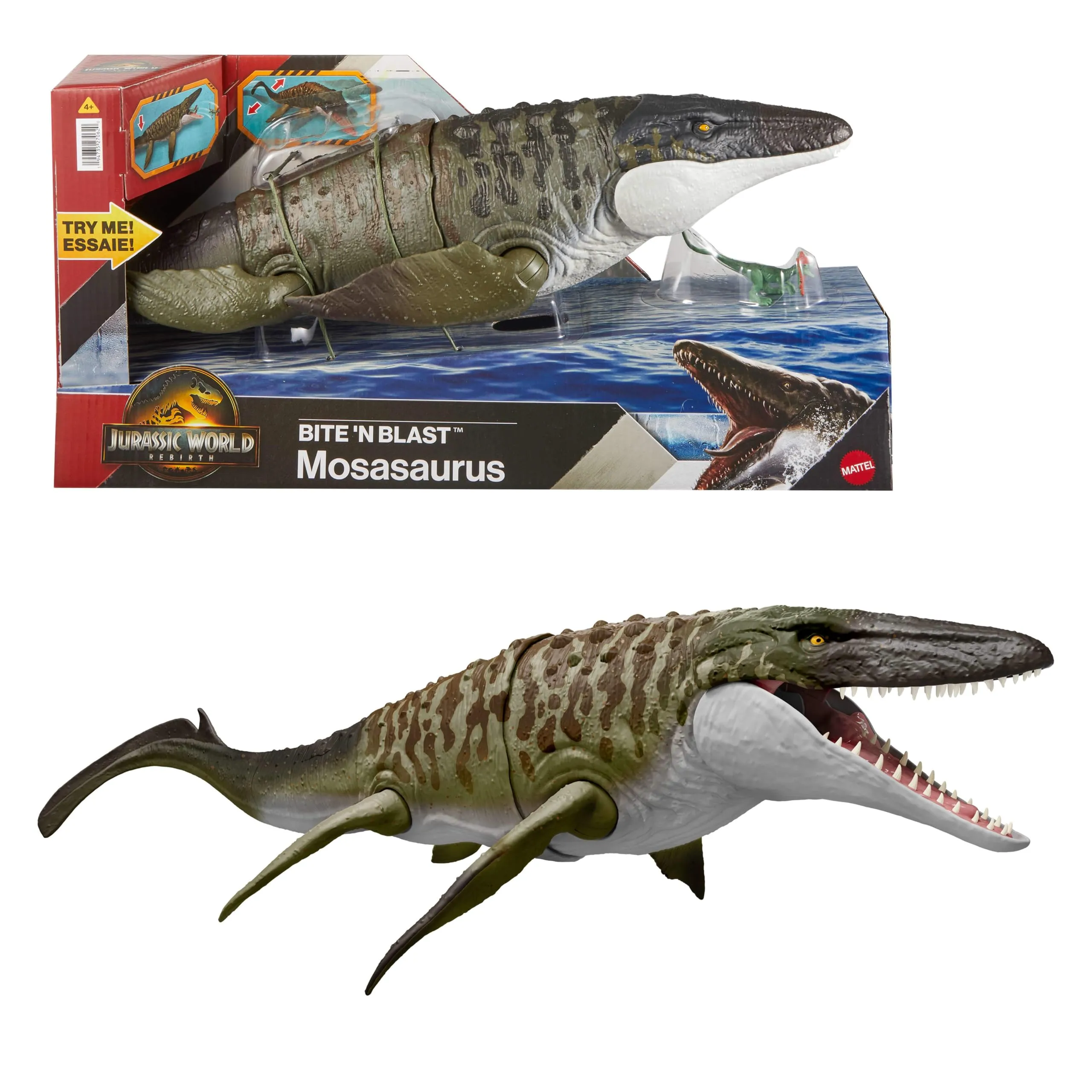 ​Mattel Jurassic World La Rinascita Mosasauro Morso Letale, action figure e mini dilofosauro, dinosauro con enormi fauci, snodato e fedele al film, gioco digitale, JJP80