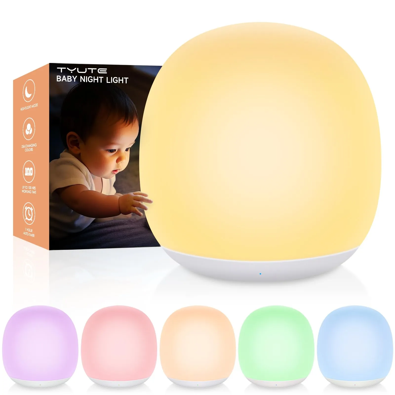 Tyute Night Light for Kids, Baby Light for Nursery with 8 RGB Colors Changing, Egg Night Light with 1H Timer & Touch Control, Soft BPA Free Portable Dimmable Night Lamp for Kids