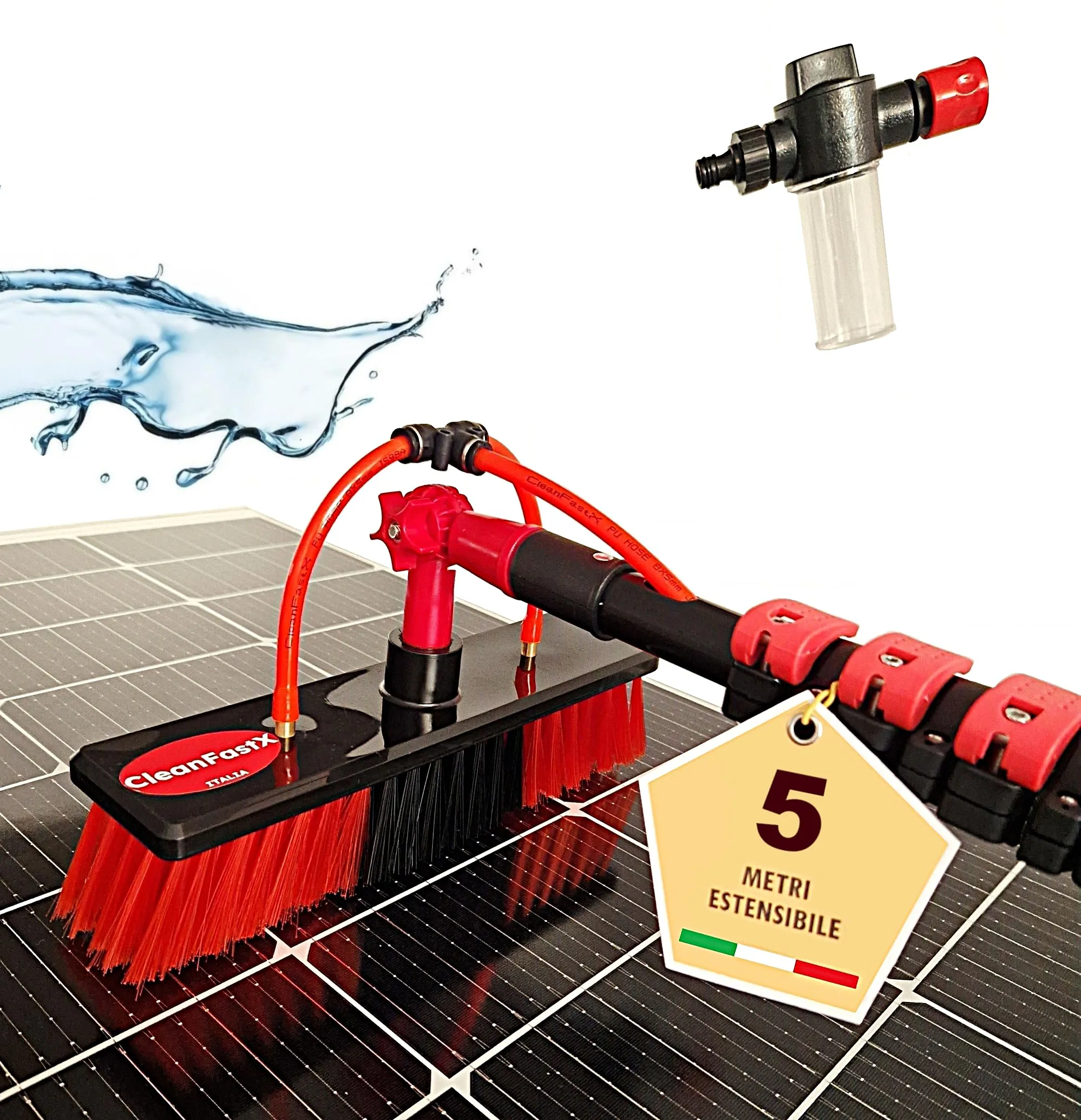 CleanFastX ITALIA | Kit Pulizia Pannelli Fotovoltaici | Estensibile 5 Metri | Spazzola per Lavaggio Tapparelle Vetrate Camper Barca Pannelli Solari | Idrospazzola con Dispenser di Sapone Integrato