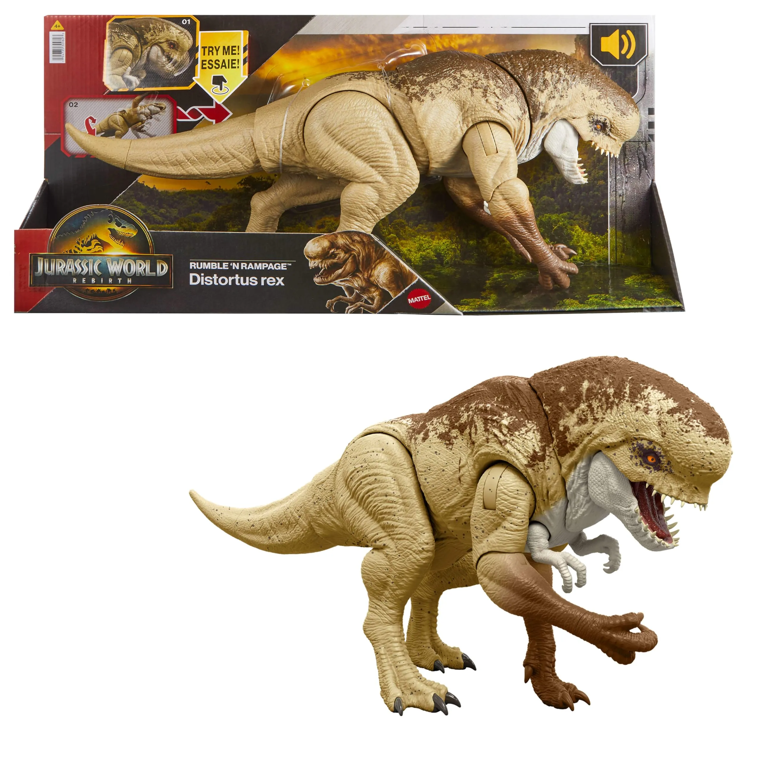 Mattel Jurassic World La Rinascita - Dinosauro Cattivo Ruggito Devastante, action figure da 55+ cm con 2 mosse d'attacco incluse, design autentico dal film, giocattolo per bambini, 4+ anni, JJP79