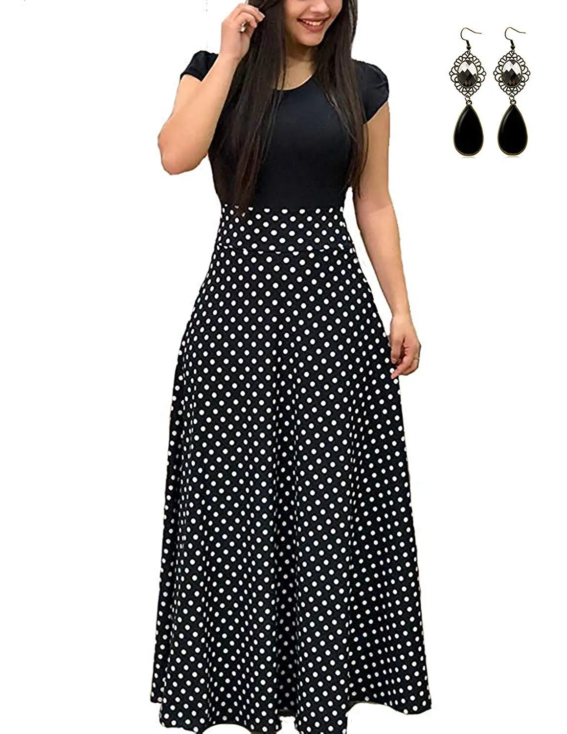 UUAISSO Donna Vestiti Eleganti Lunghi Floreale Casuale Abito Maxi Manica Corta Abiti Vestito da Cocktail Banchetto Sera A-Nero-Manica Corta M