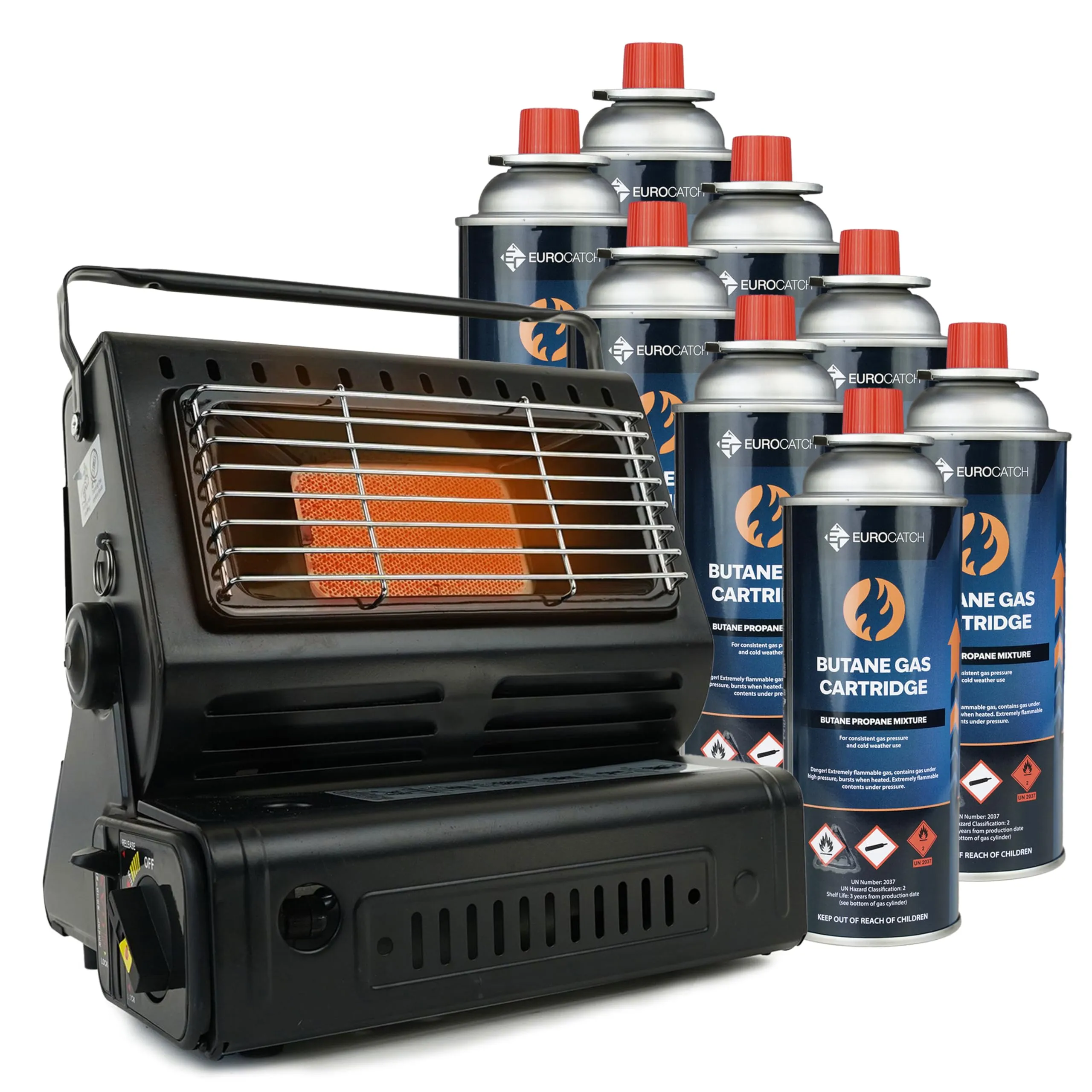 Eurocatch Stufa a Gas Portatile - Riscaldatore per Esterni Regolabile - Include 8 Bombolette Cartuccia