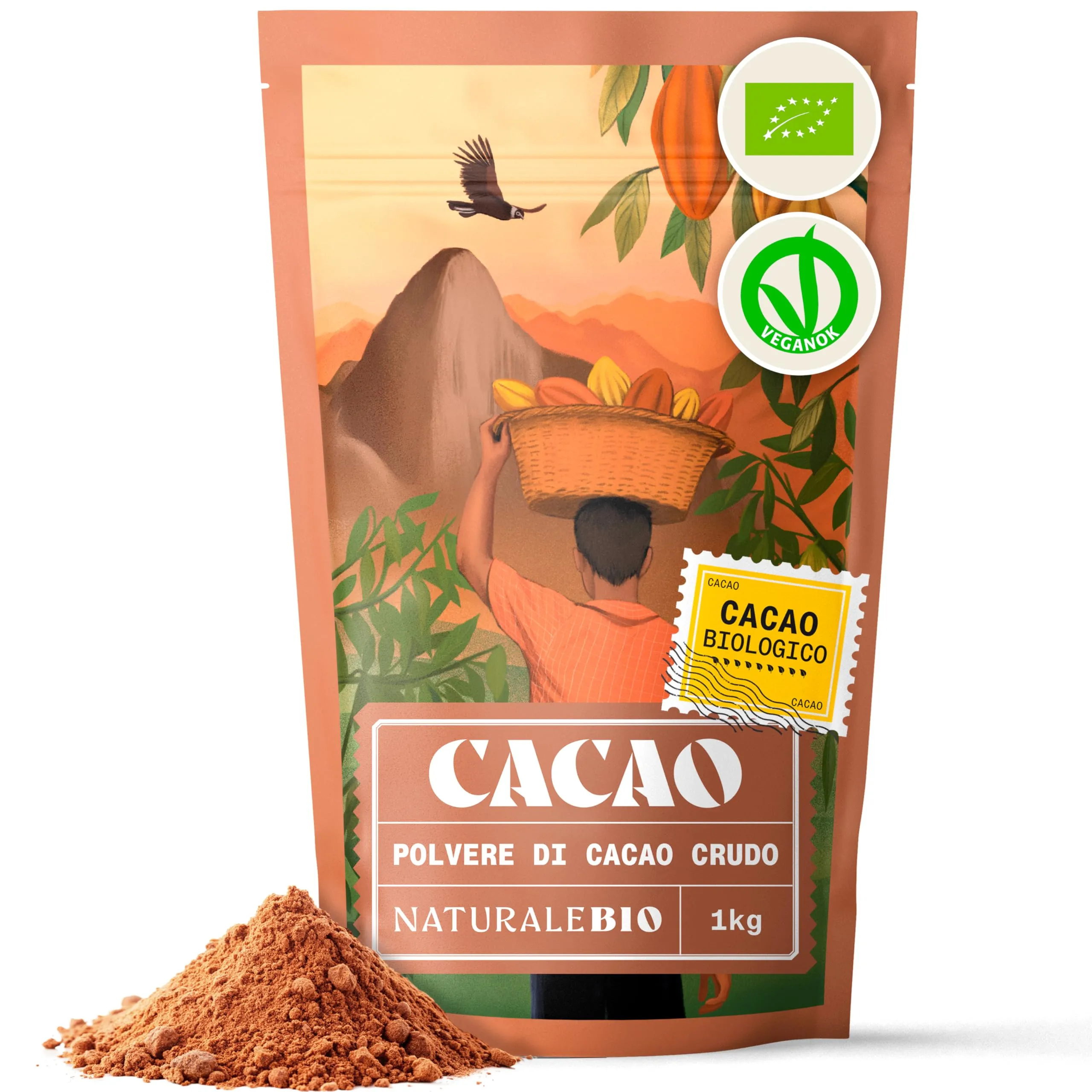 NaturaleBio Cacao Biologico in Polvere 1kg. Naturale e Puro da Fave Crude. Non Zuccherato. Prodotto dalla pianta Theobroma Cacao. Lavorato a basse Temperature. Testato per Metalli Pesanti