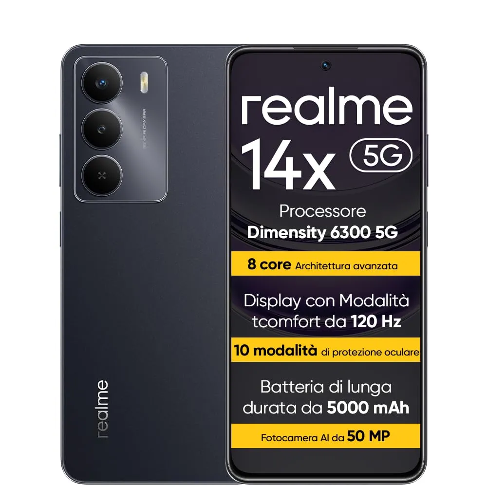 realme 14T 5G Smartphone 8+256 GB, Processore Dimensity 6300 5G, Batteria titanica da 5260 mAh, Ricarica rapida da 45 W, Display AMOLED eSports a 120 Hz, IP69, NFC, Nero T(senza adpater)