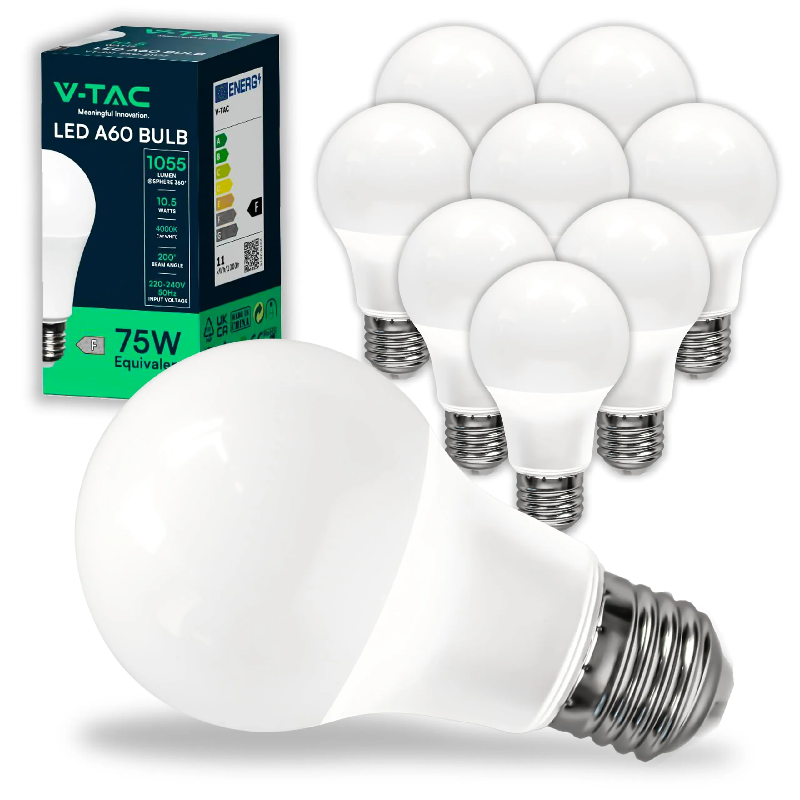 V-TAC 10x Lampadine LED A60 con Attacco E27 potenza 10.5W (Equivalenti a 75W) - Lampadine Nuova Generazione - 1055 Lumen - Massima Efficienza e Risparmio Energetico - 4000K Luce Naturale