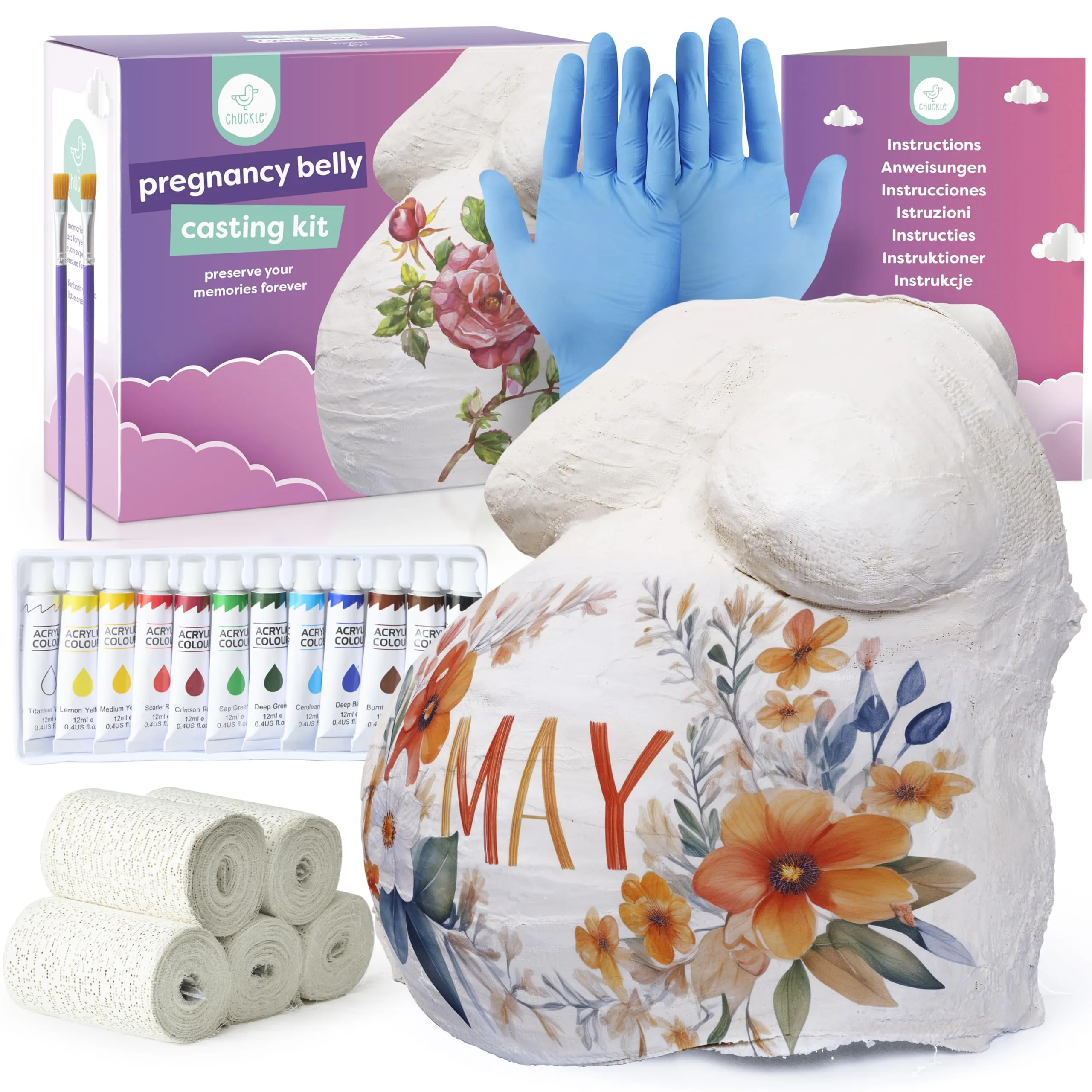chuckle - Kit Calco Pancia Gravidanza - Colori Gravidanza Pancia Mamma - Set Bande Gessate Pennelli e Colori Incluse