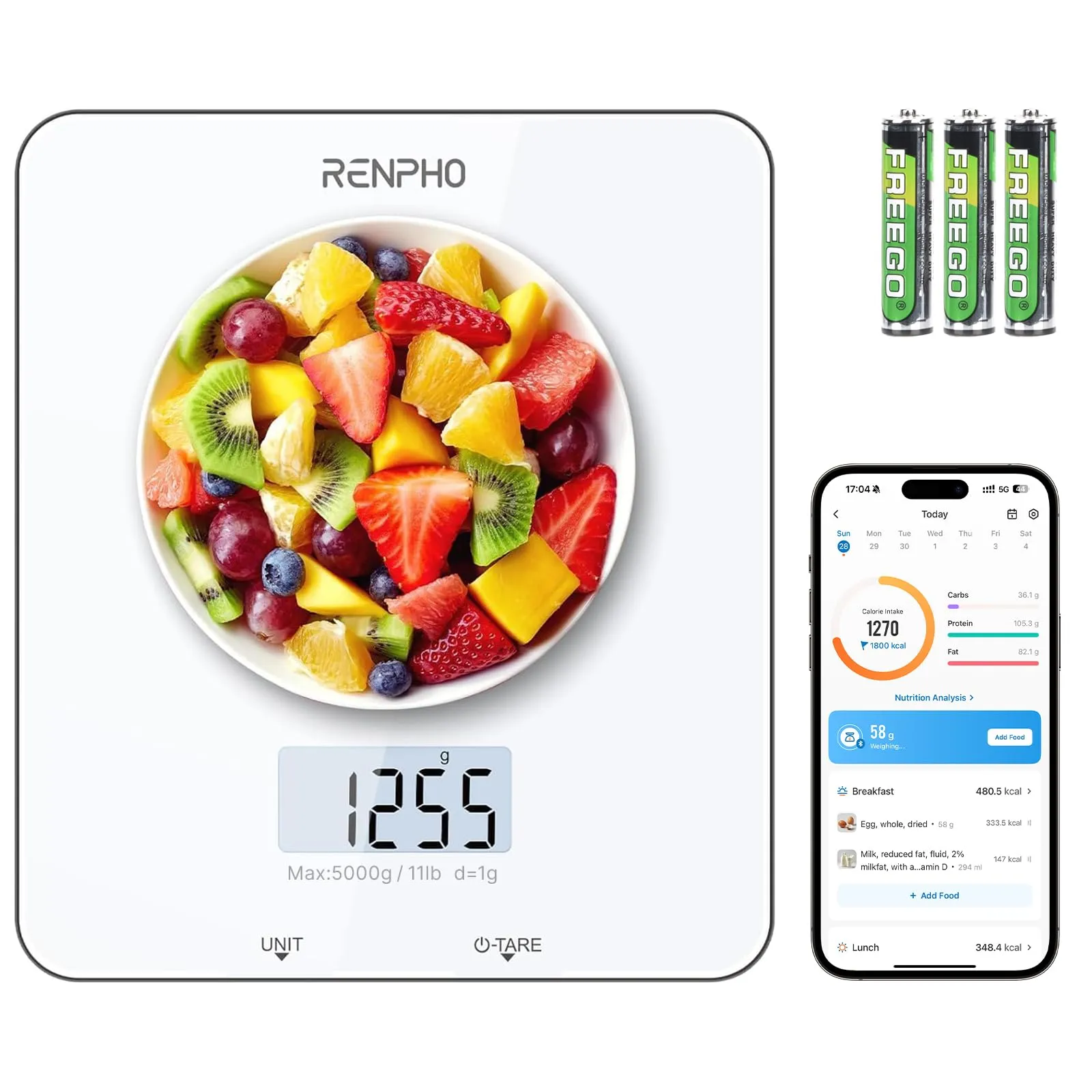 RENPHO Bilancia da Cucina Digitale, Bilancia Elettronica per Alimenti per Cottura e Caffè, Apparecchio Bilancia da Cucina per Keto, Macro, Calorie e Perdita di Peso con App per Smartphone, Bianco